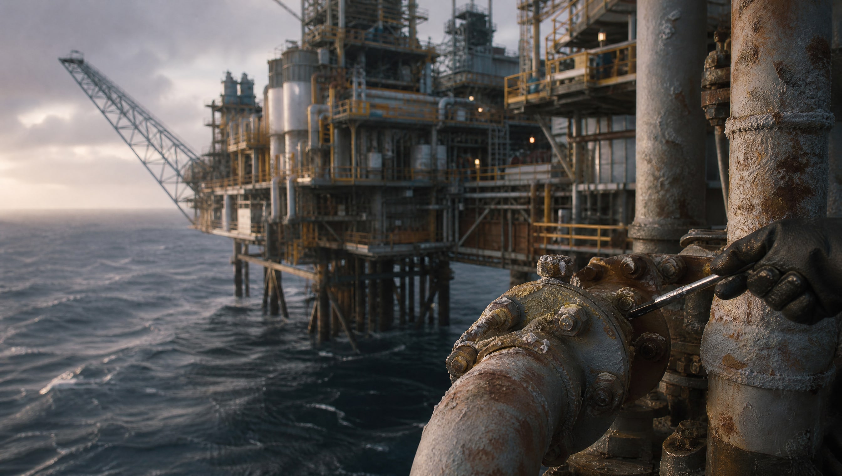 Массивная нефтегазовая платформа ржавеет в соленой морской воде, болты покрыты коррозией.