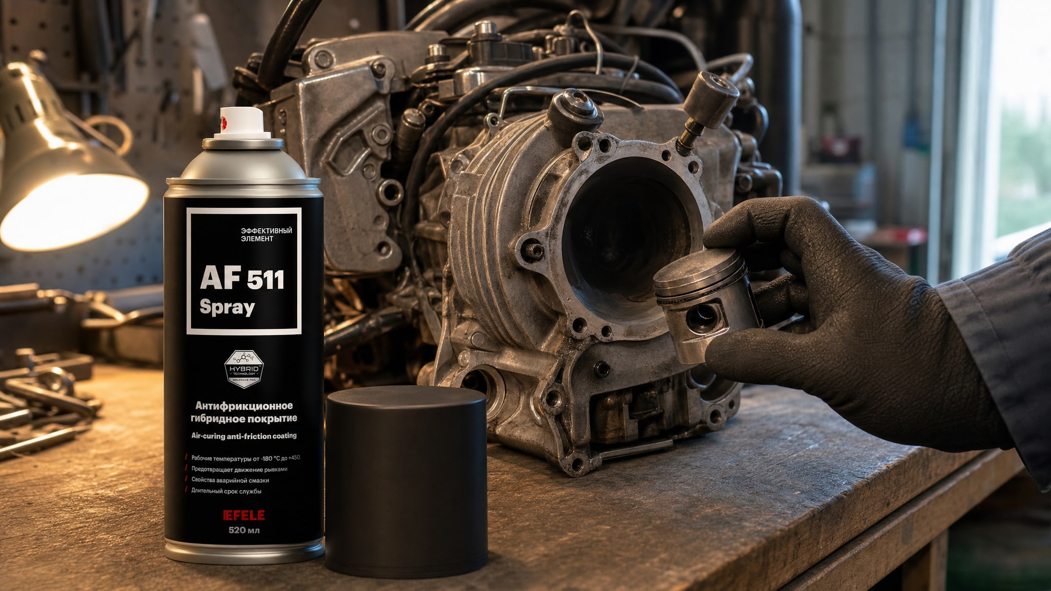 Нанесение EFELE AF-511 Spray на цилиндропоршневую группу для смазки.