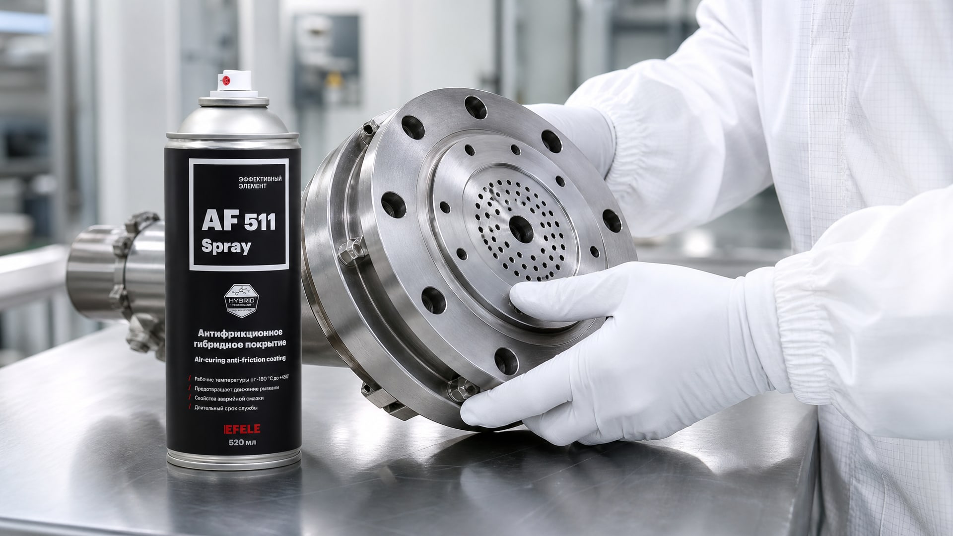 Рука в перчатке наносит EFELE AF-511 Spray, выбор антифрикционного покрытия.