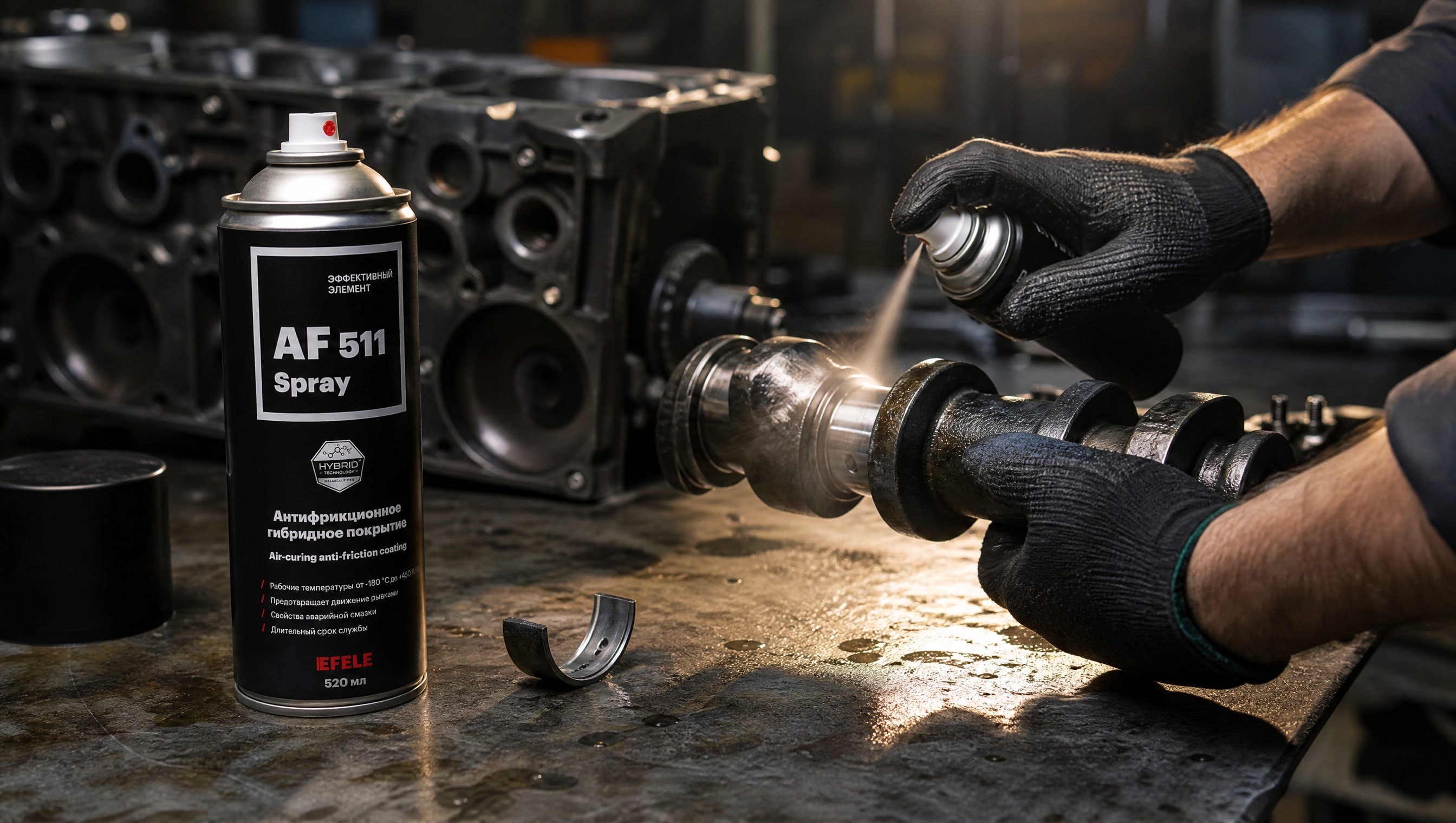 Рука наносит антифрикционное сухое покрытие EFELE AF-511 Spray на коленвал.
