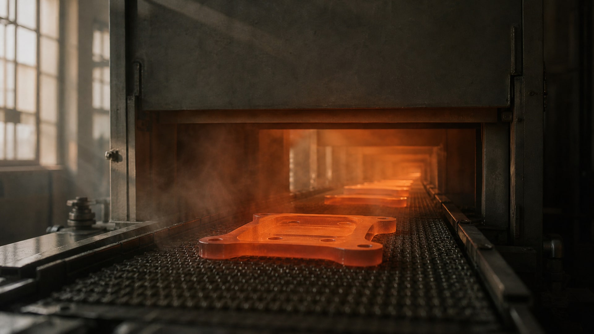 Широкий вид производственной линии, где нагретое до 200 °C металлическое изделие проходит сквозь печь, испарение растворителей покрытие образует легкую дымку.