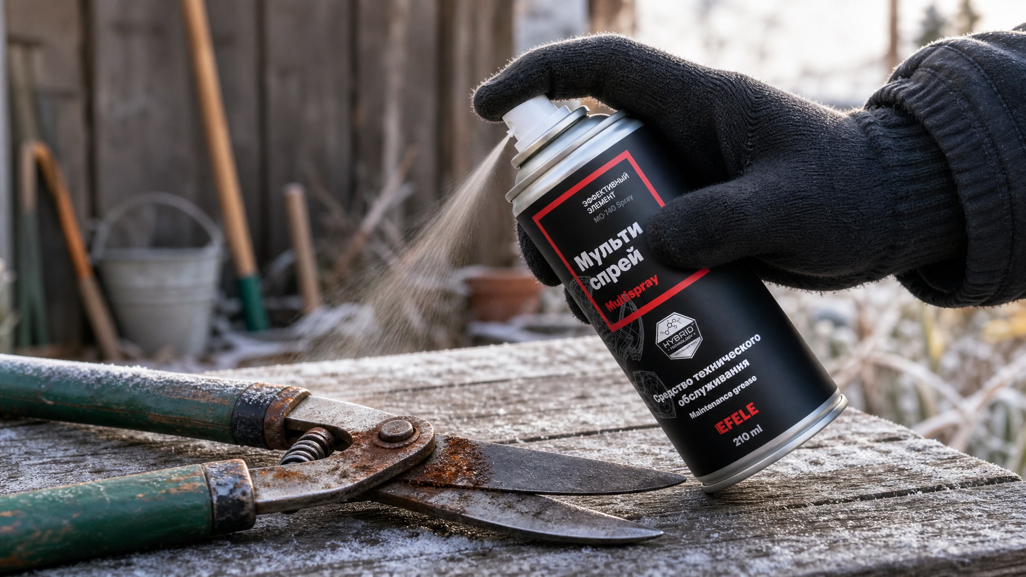 Рука в перчатке наносит мультиспрей EFELE MO-740 Spray для хранения садового инструмента.