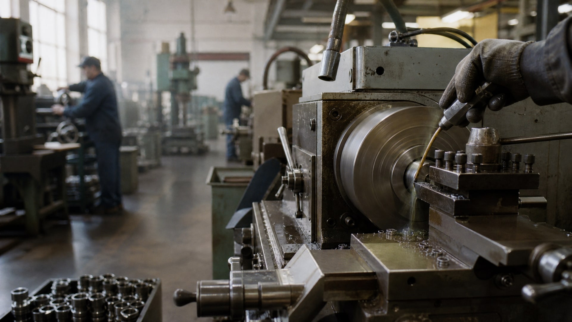 Большой цех с работающими металлообрабатывающими станками, покрытыми маслянистой СОЖ, как отличить сож по виду.