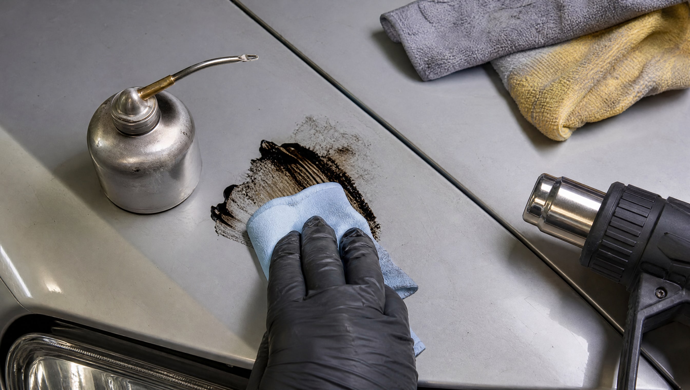 Часть кузова машины с битумным загрязнением, вокруг которого разложены чистые салфетки и масло, чтобы убрать клей от скотча.