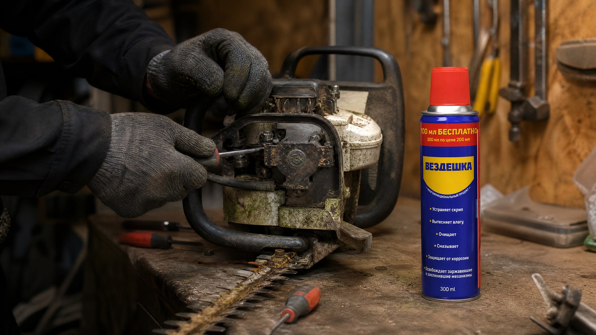 Рука в перчатке наносит универсальную смазку WD-40.