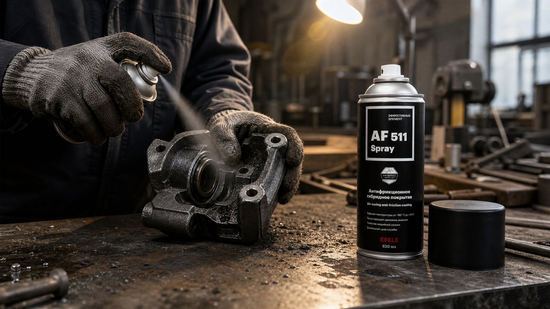 Рука наносит антифрикционное сухое покрытие EFELE AF-511 Spray на детали.