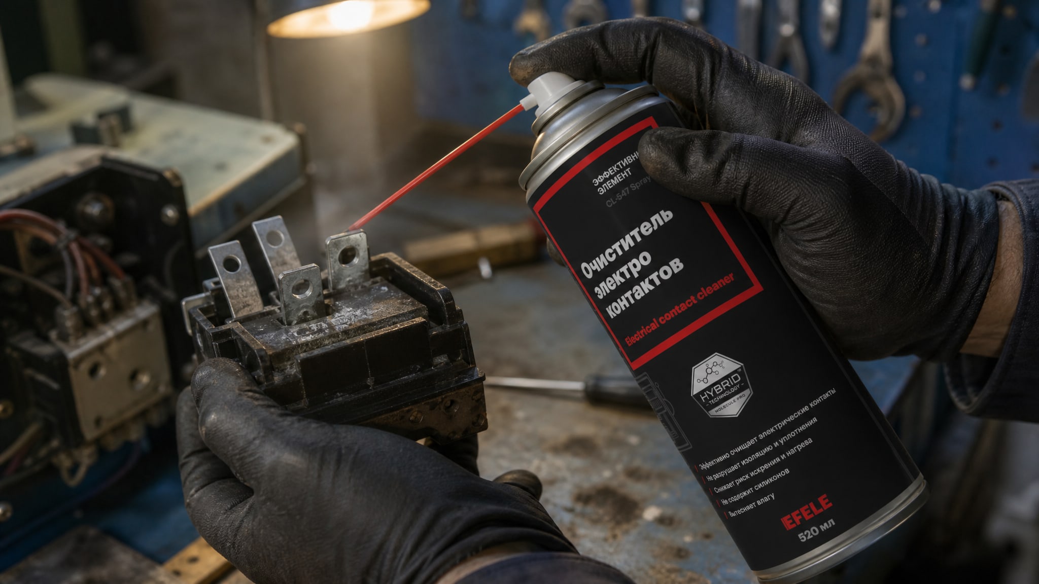Рука в перчатке распыляет EFELE CL-547 Spray для очистки электрических контактов.