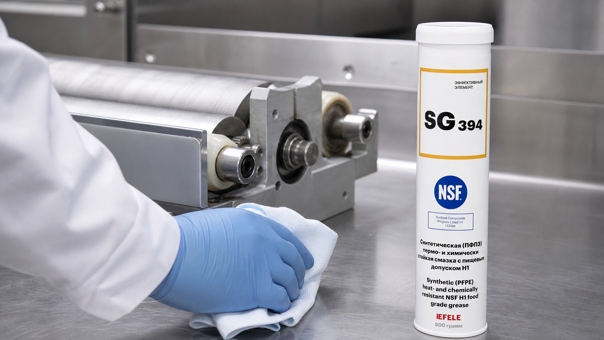 Рука в перчатке наносит смазку EFELE SG-394 (термо-химстойкая, NSF H1) на упаковку.