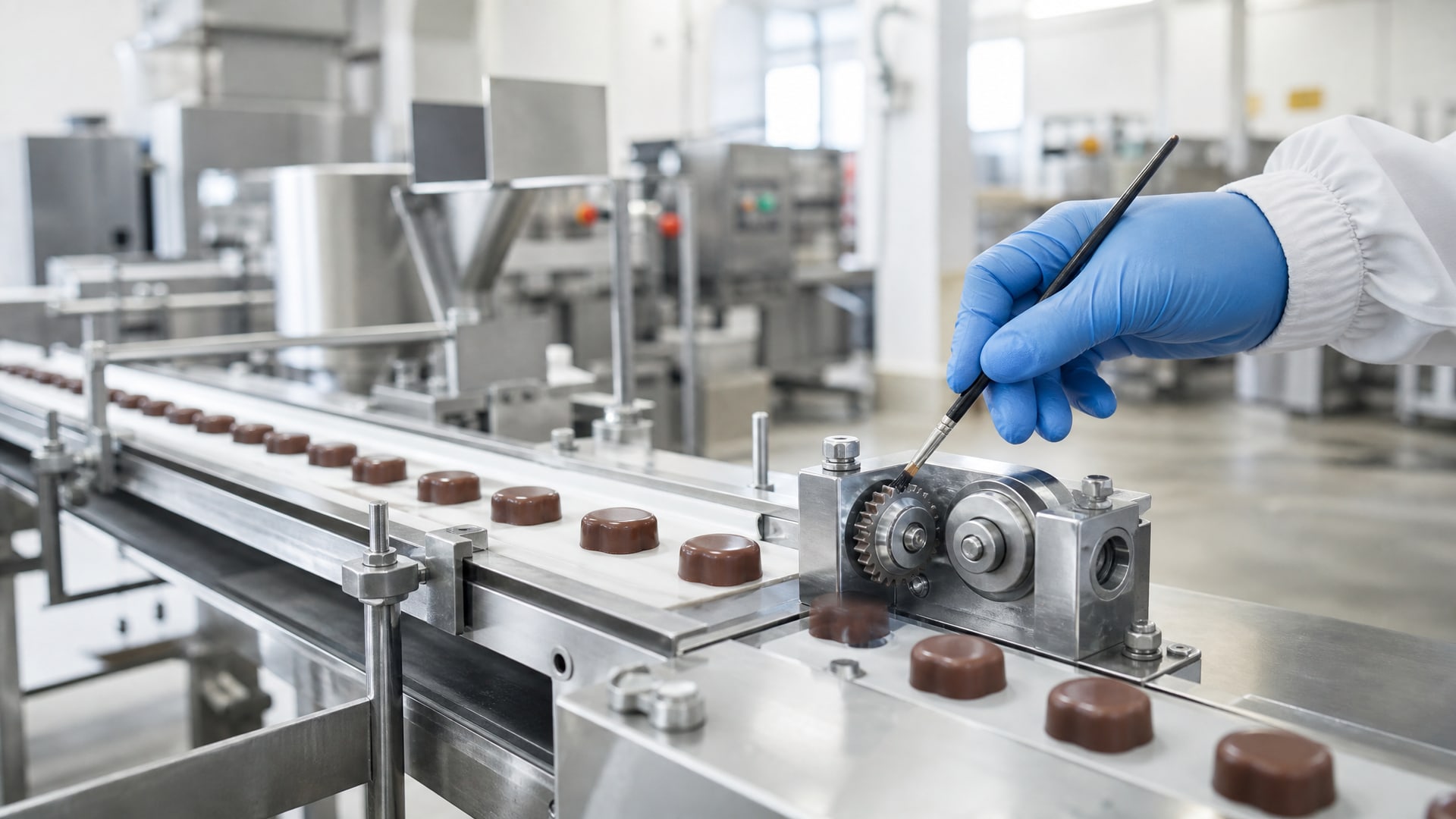 Чистая кондитерская линия с конвейерами, где на одну из шестеренок наносят пищевую смазку для конвейера.