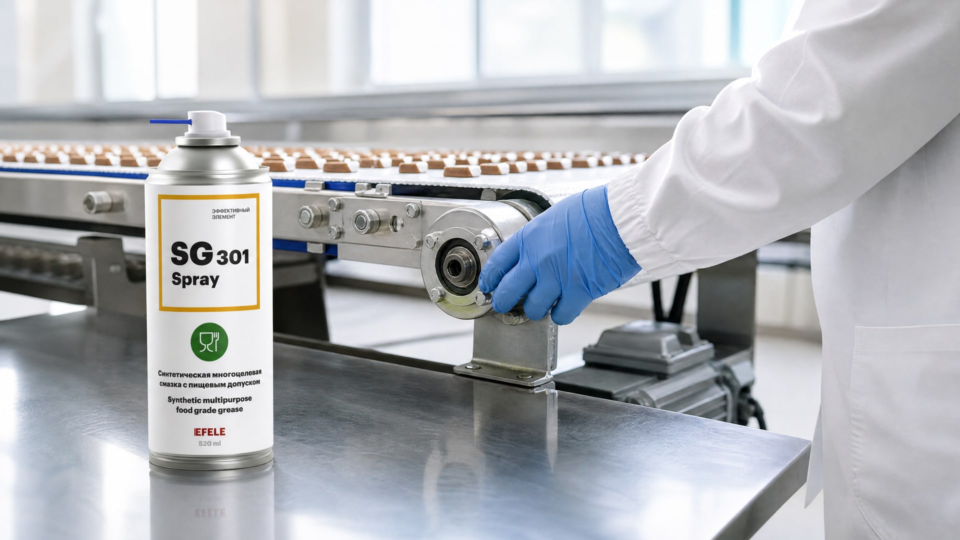 Рука наносит пищевую смазку h1 EFELE SG-301 Spray на оборудование.