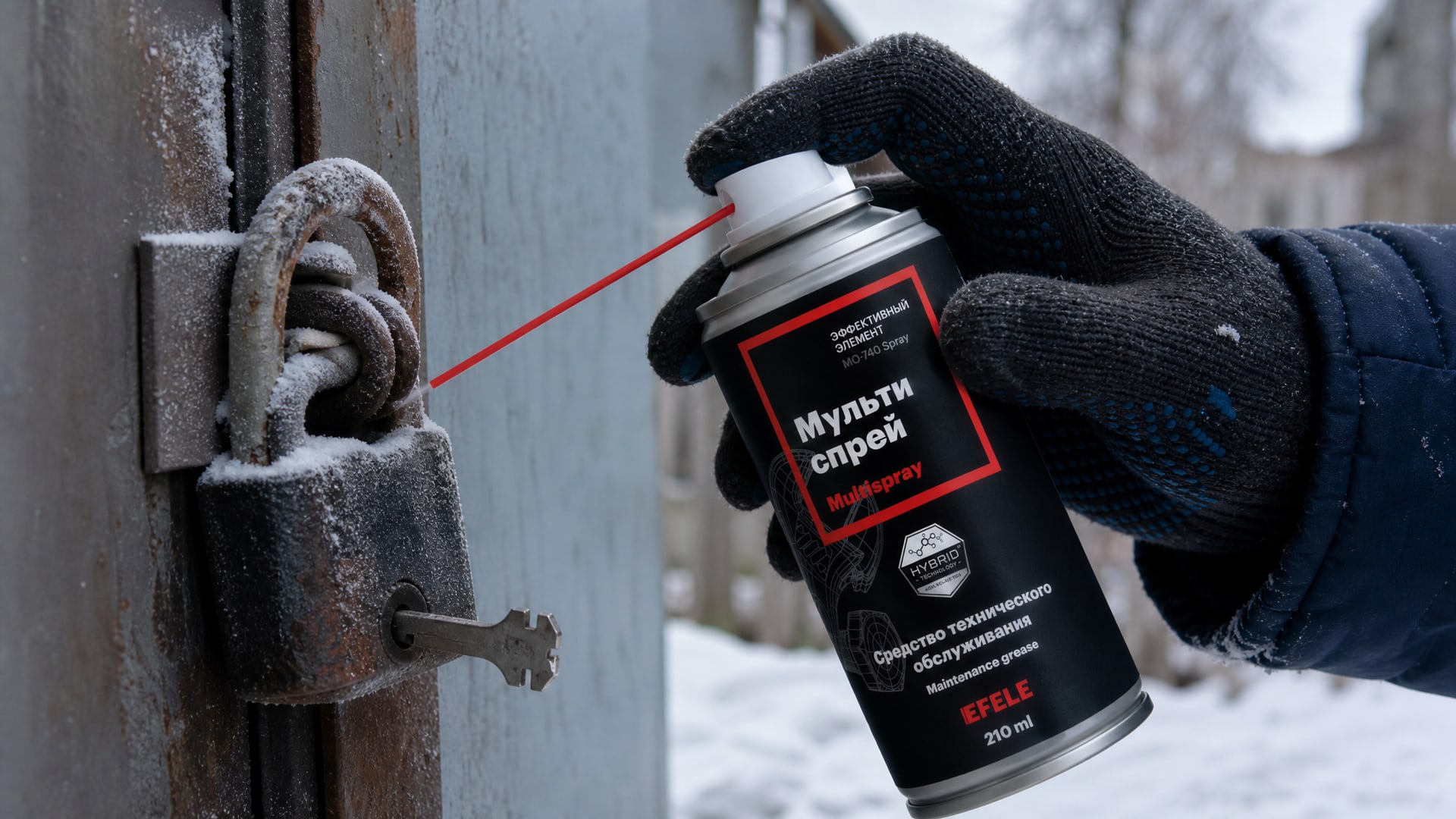 Рука в перчатке наносит EFELE MO-740 Spray на сломанный ключ в замке