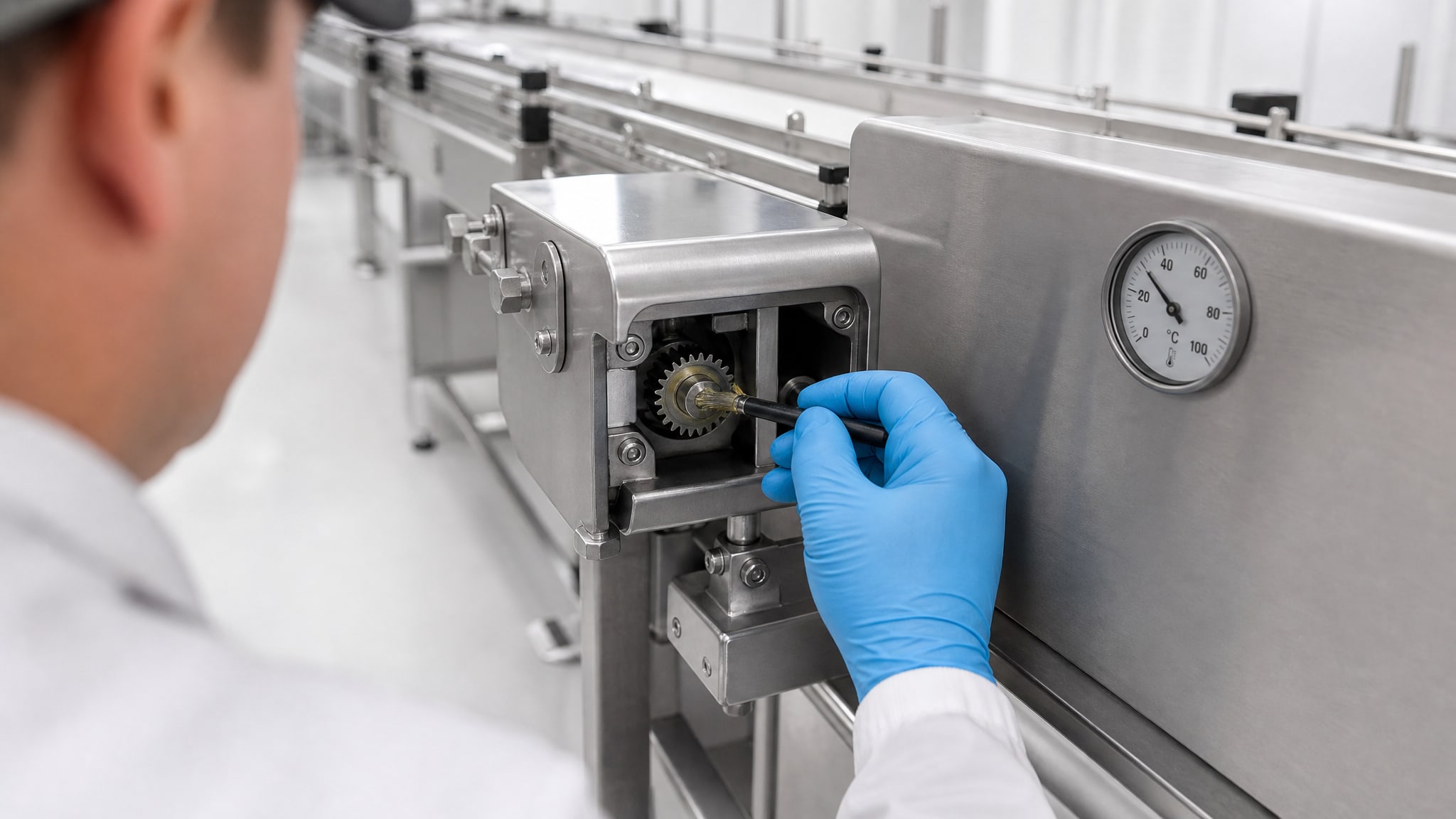 Инженер аккуратно наносит пищевую смазку nsf h1 на часть привода конвейера с видимым термометром.