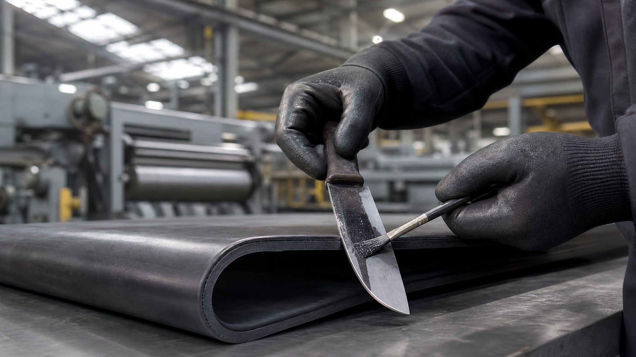 ANTI-FRICTION COATING. Рабочий в перчатках наносит графитовую смазку на антифрикционное покрытие инструмента.
