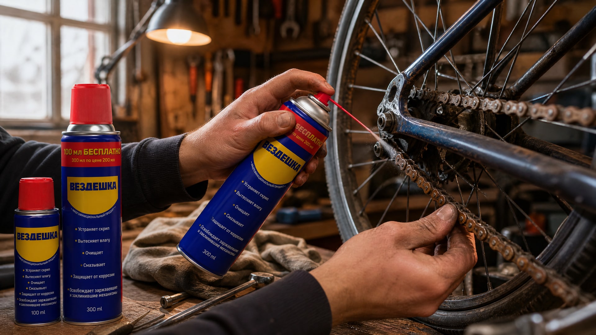Рука в перчатке смазывает цепь велосипеда WD-40.