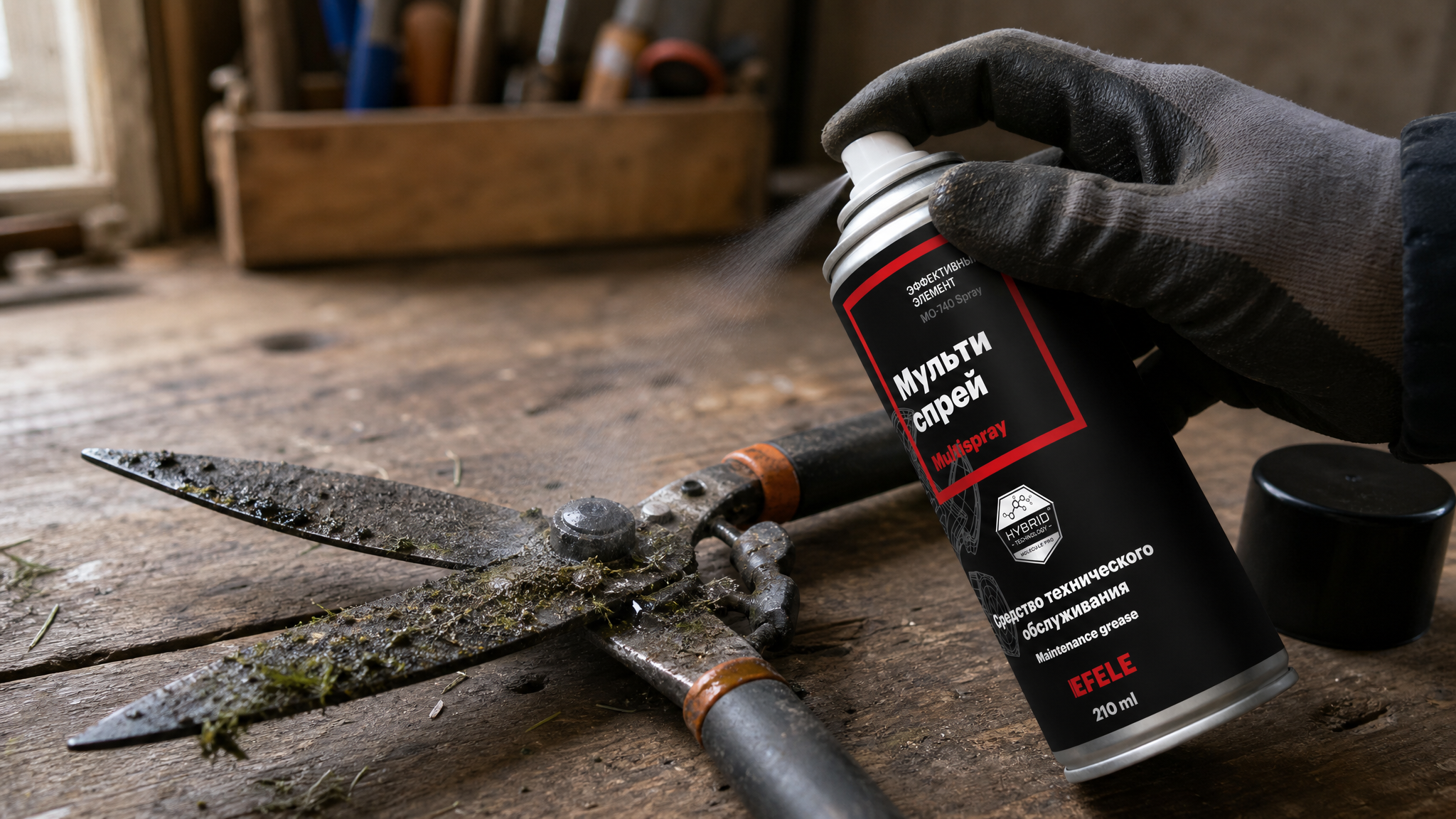 Рука в перчатке наносит EFELE MO-740 Spray, чтобы смазать кусторез.