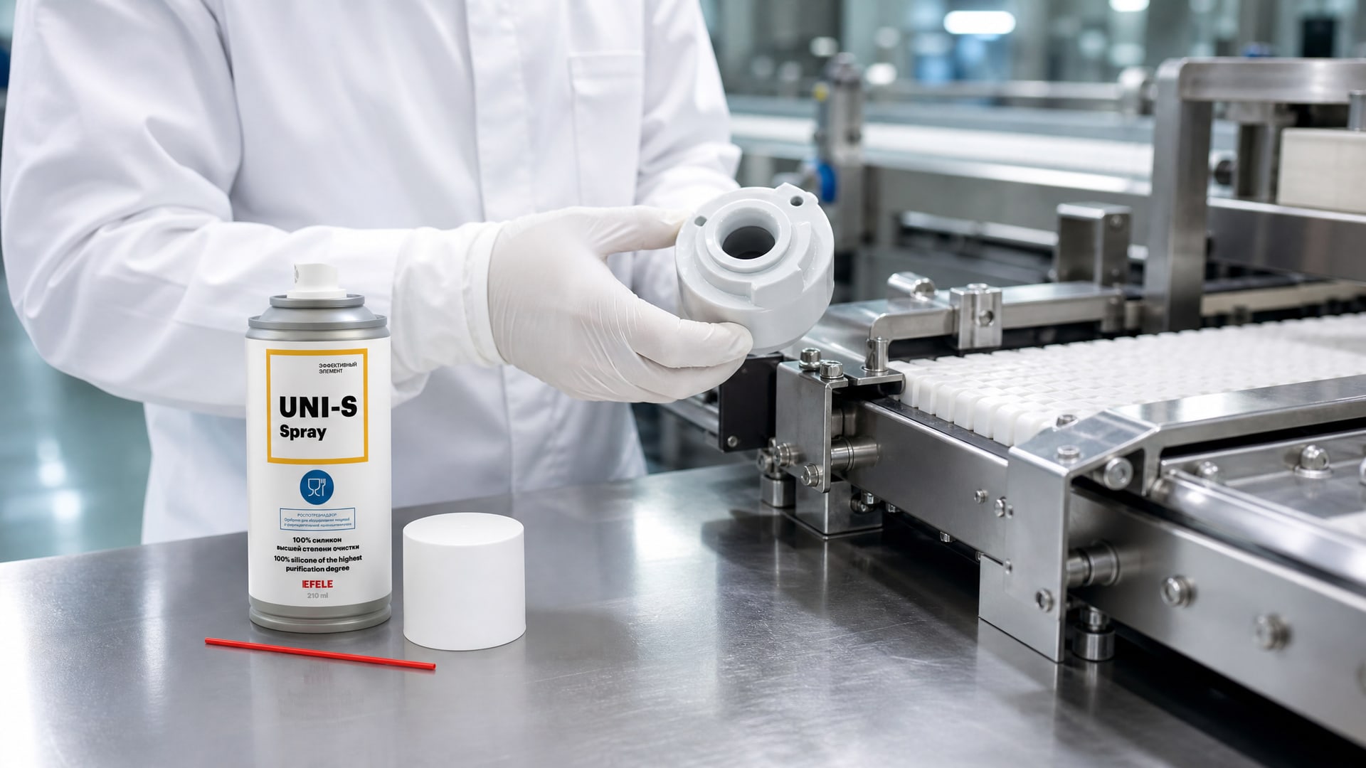 Рука в перчатке наносит EFELE UNI-S Spray, смазку с допуском NSF H1.