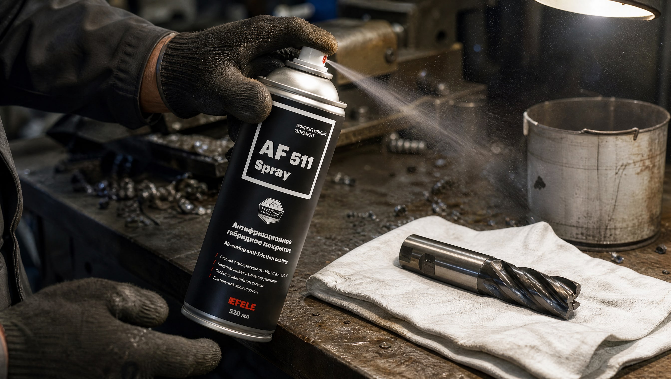 Рука наносит графитовое покрытие EFELE AF-511 Spray на инструмент.