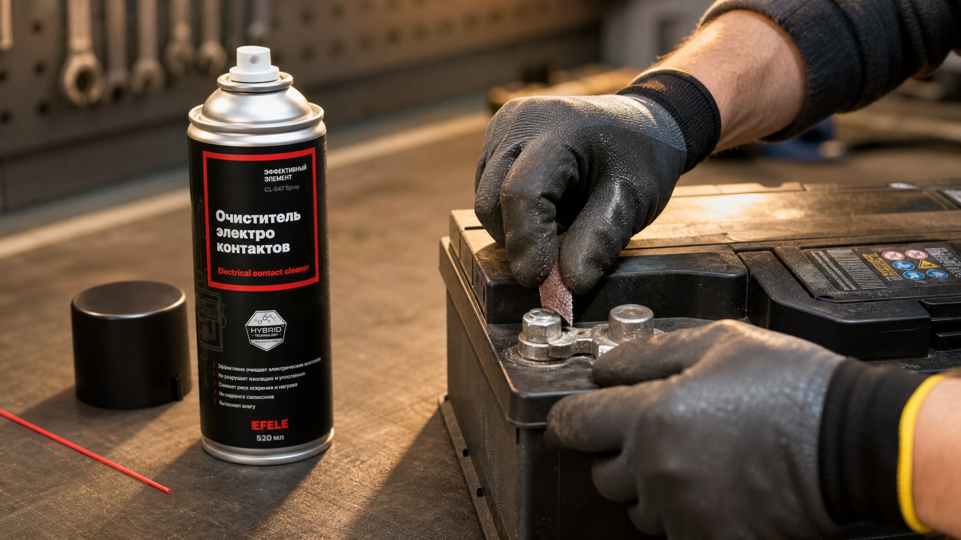 Рука в перчатке наносит EFELE CL-547 Spray (очиститель контактов) на клеммы аккумулятора.