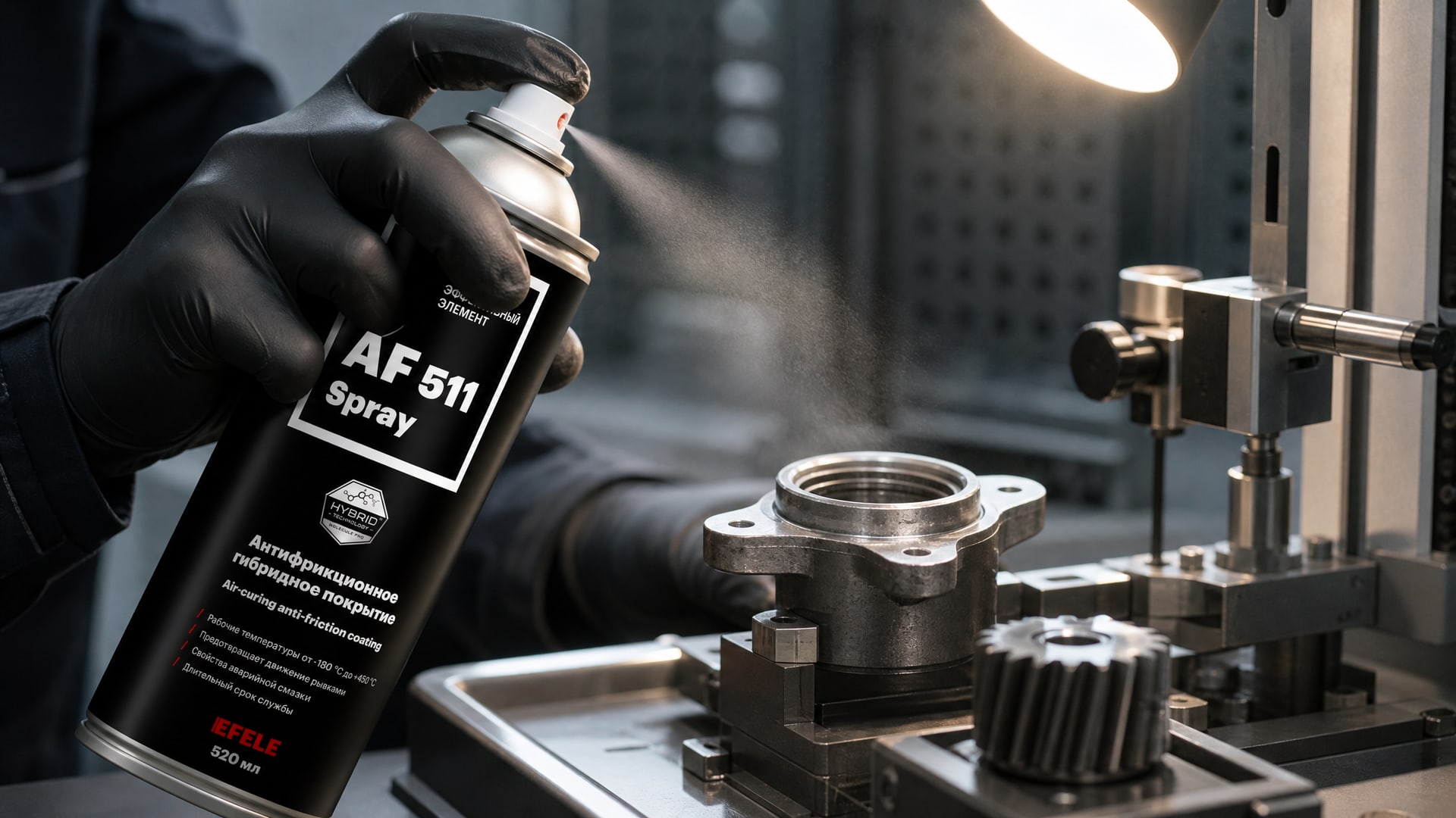 Рука в перчатке наносит EFELE AF-511 Spray (антифрикционное сухое) на деталь.