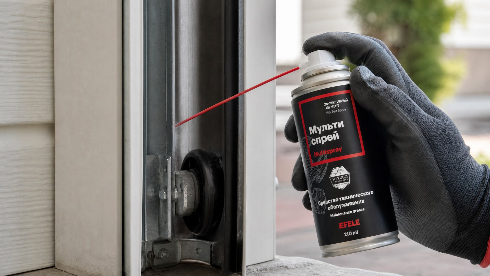 Рука в перчатке наносит EFELE MO-740 Spray для смазки механизмов.