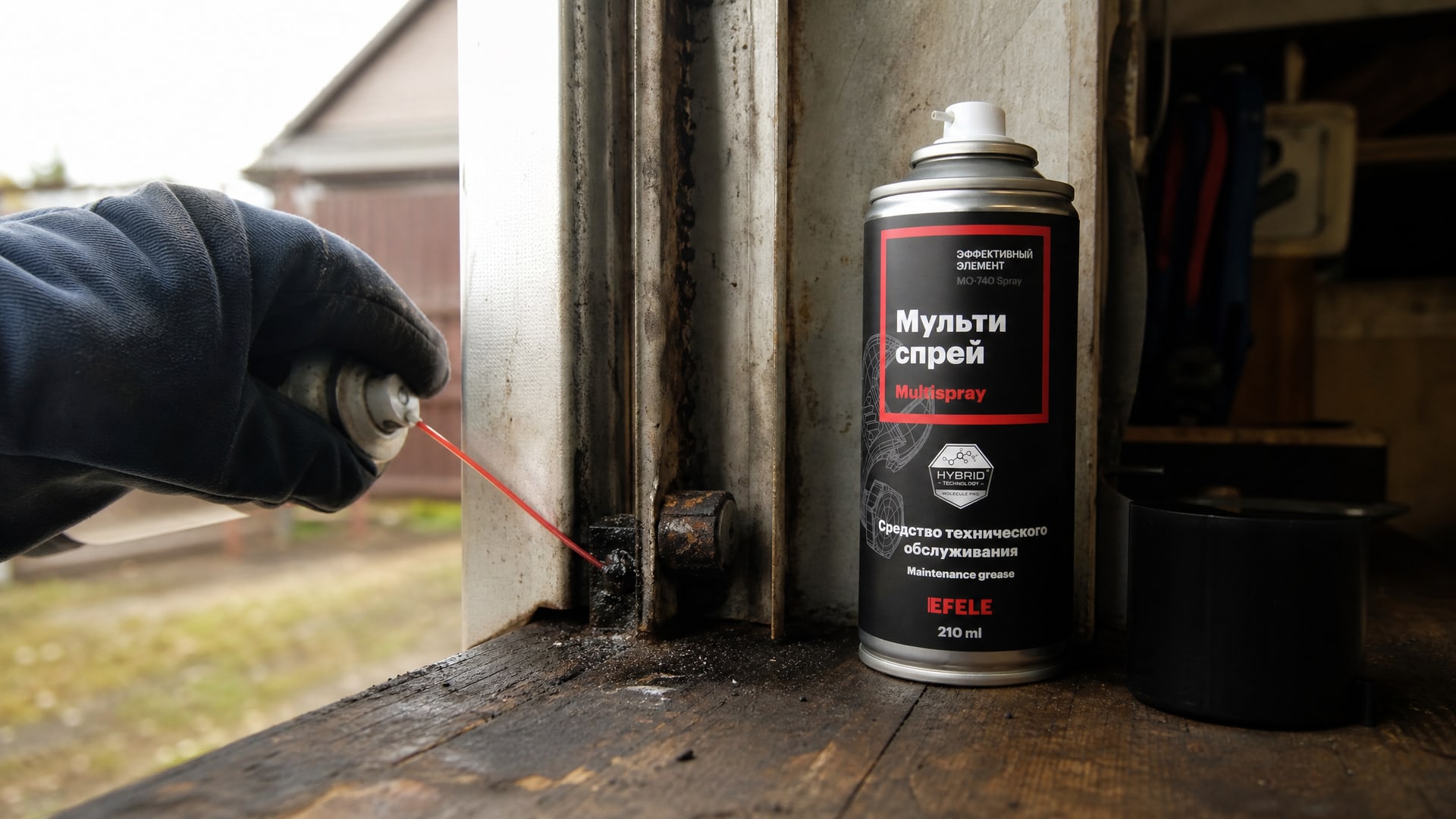 Рука в перчатке наносит EFELE MO-740 Spray для смазки гаражных ворот.