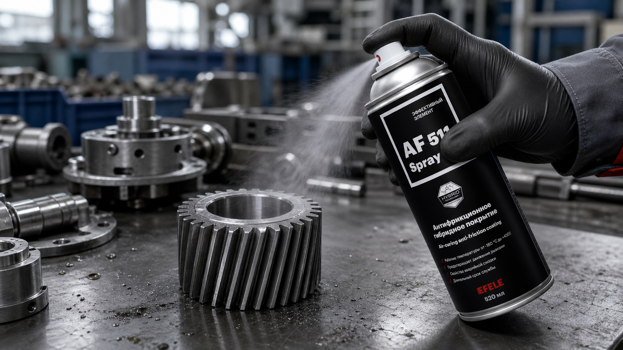 Рука в перчатке распыляет EFELE AF-511 Spray, выполняя подготовку поверхности смазкой.