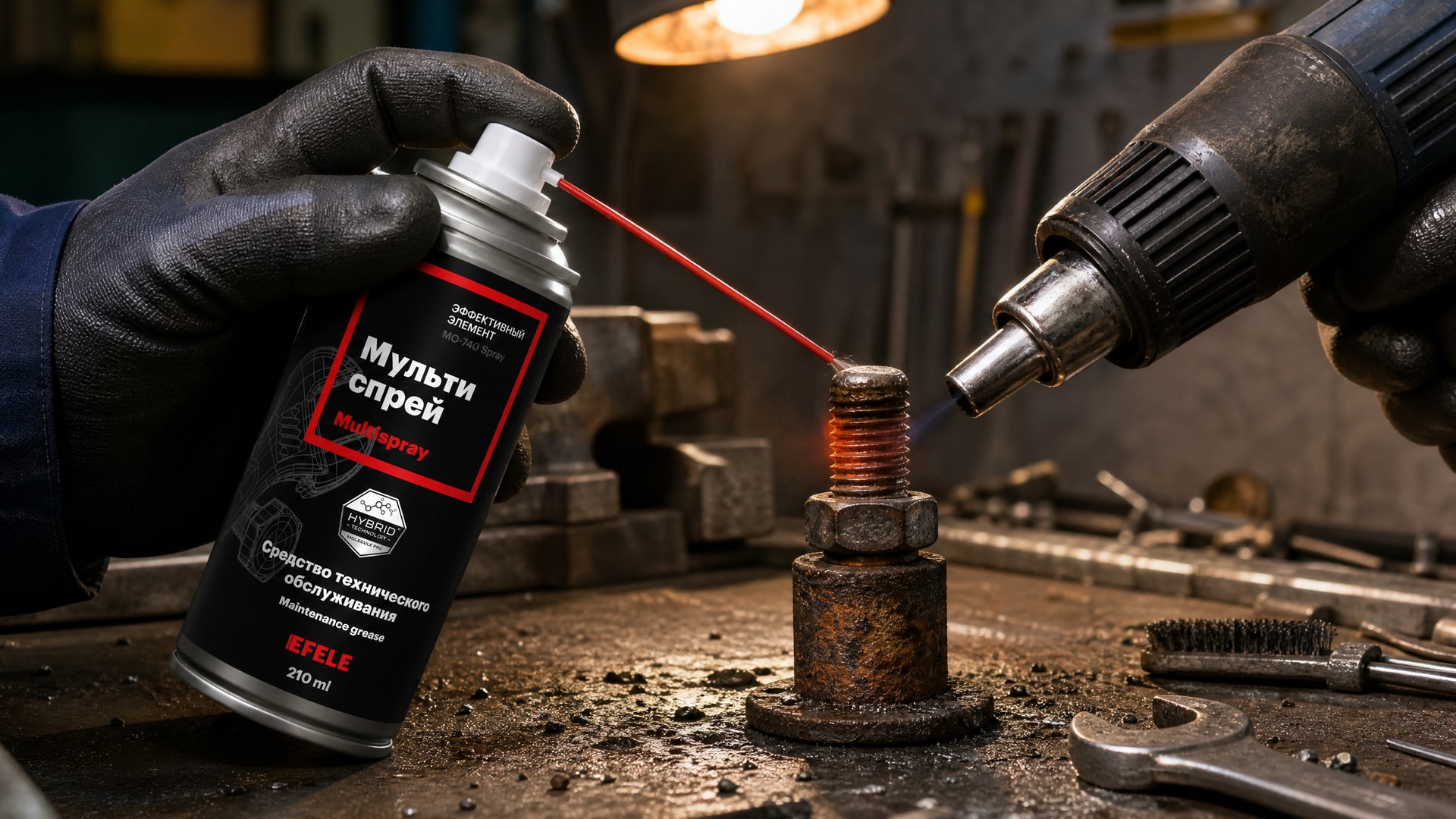 Рука наносит EFELE MO-740 Spray (мультиспрей) на упаковку для откручивания болта на фиксаторе.