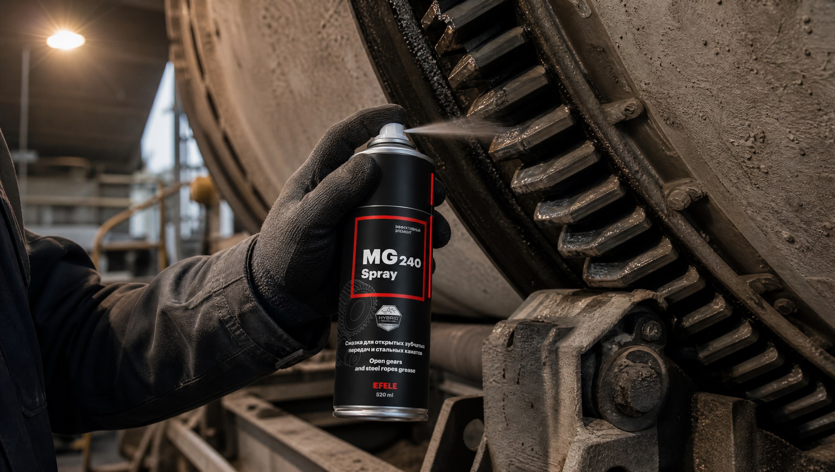 Рука наносит смазку EFELE MG-240 Spray на зубчатую передачу бетономешалки.
