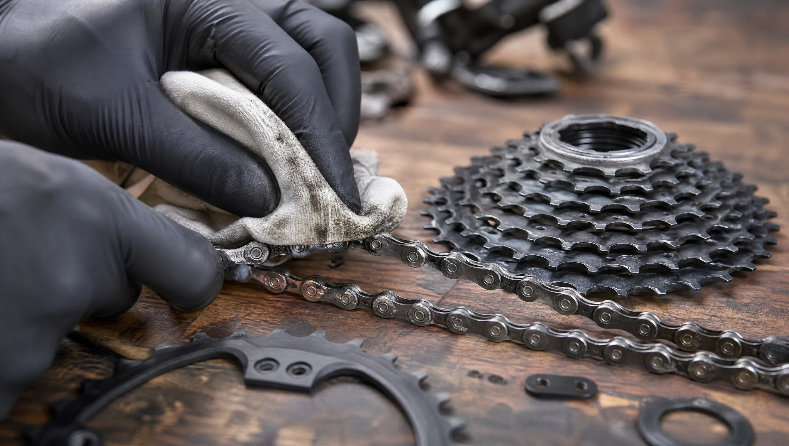 На деревянном верстаке руки чистят цепь и кассету велосипеда перед нанесением антифрикционного покрытия.