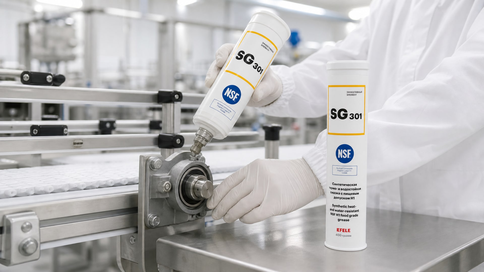 Нанесение смазки EFELE SG-301 на оборудование для пищевой промышленности.
