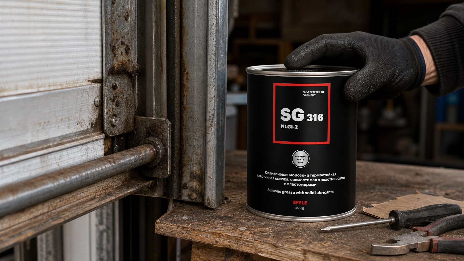 Рука в перчатке наносит EFELE SG-316, чтобы смазать гаражные ворота.