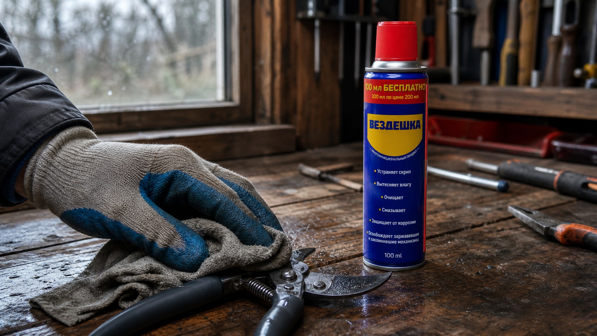 Рука в перчатке наносит универсальную смазку WD-40 на секатор.