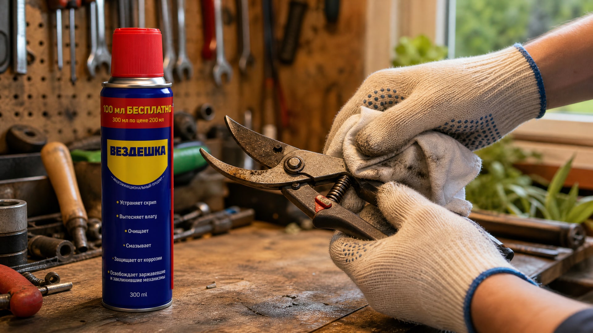 Рука в перчатке наносит универсальную смазку wd-40 на садовый инструмент.