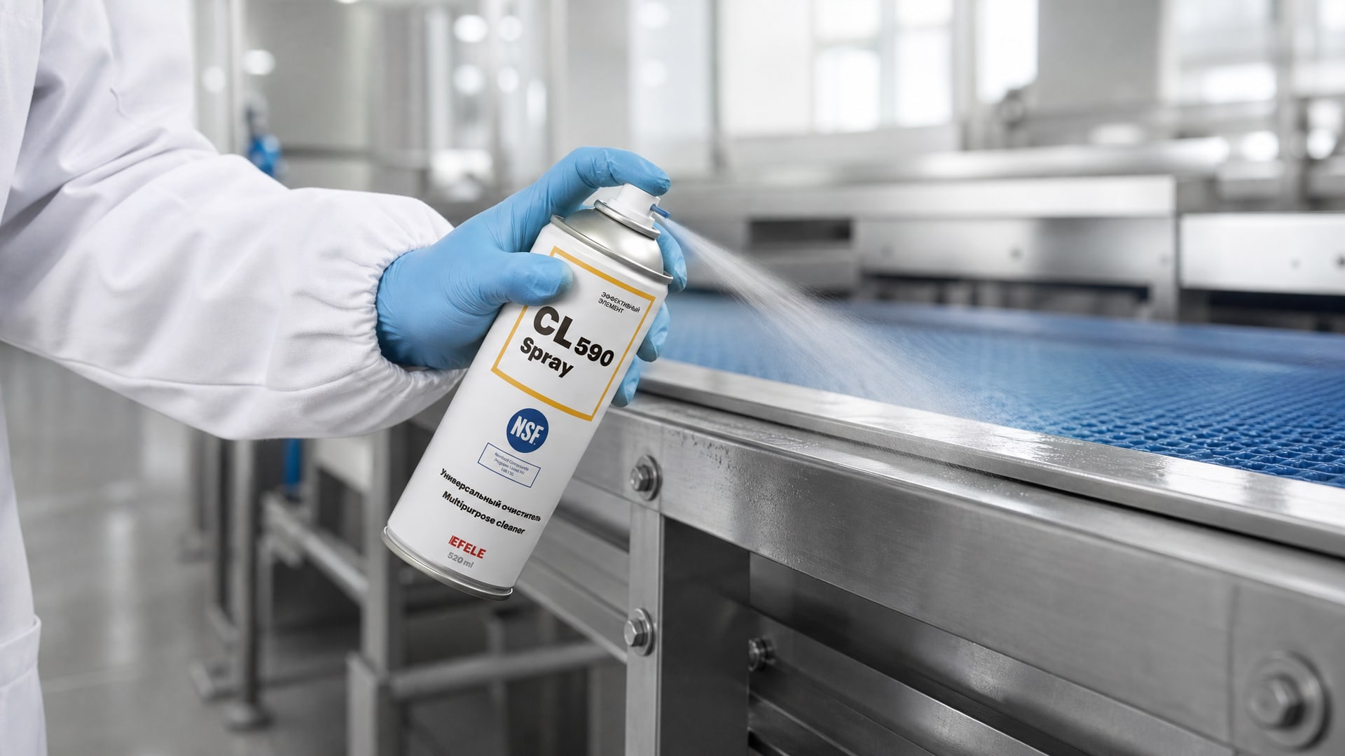 Рука в перчатке наносит EFELE CL-590 Spray на упаковку продукта.