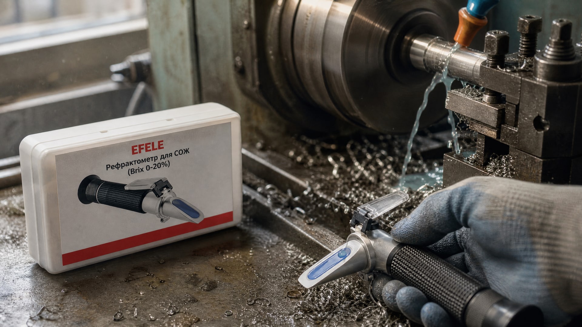 Рука в перчатке наносит состав, рядом EFELE Рефрактометр для СОЖ (Brix 0-20%).
