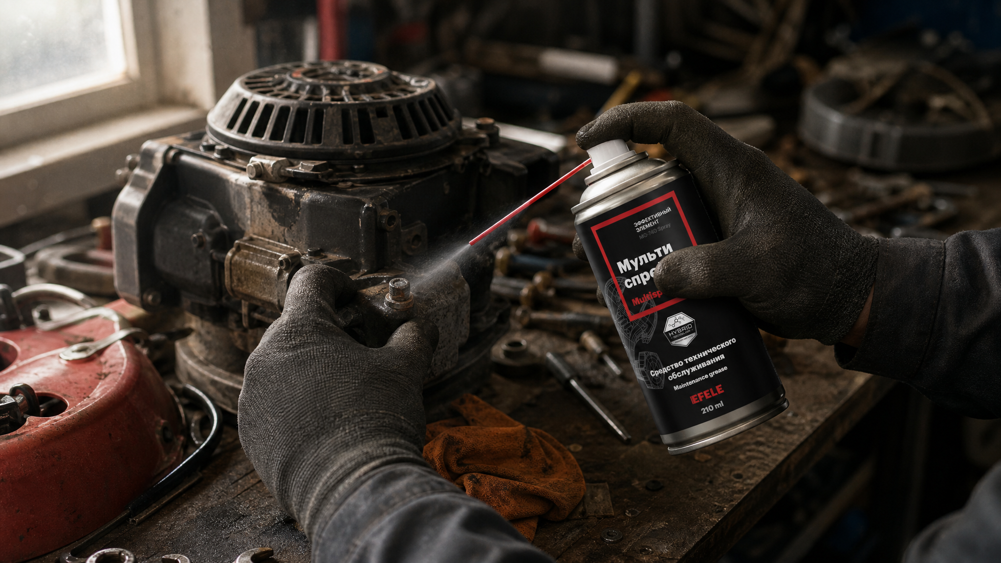 Рука в перчатке наносит на металл EFELE MO-740 Spray.