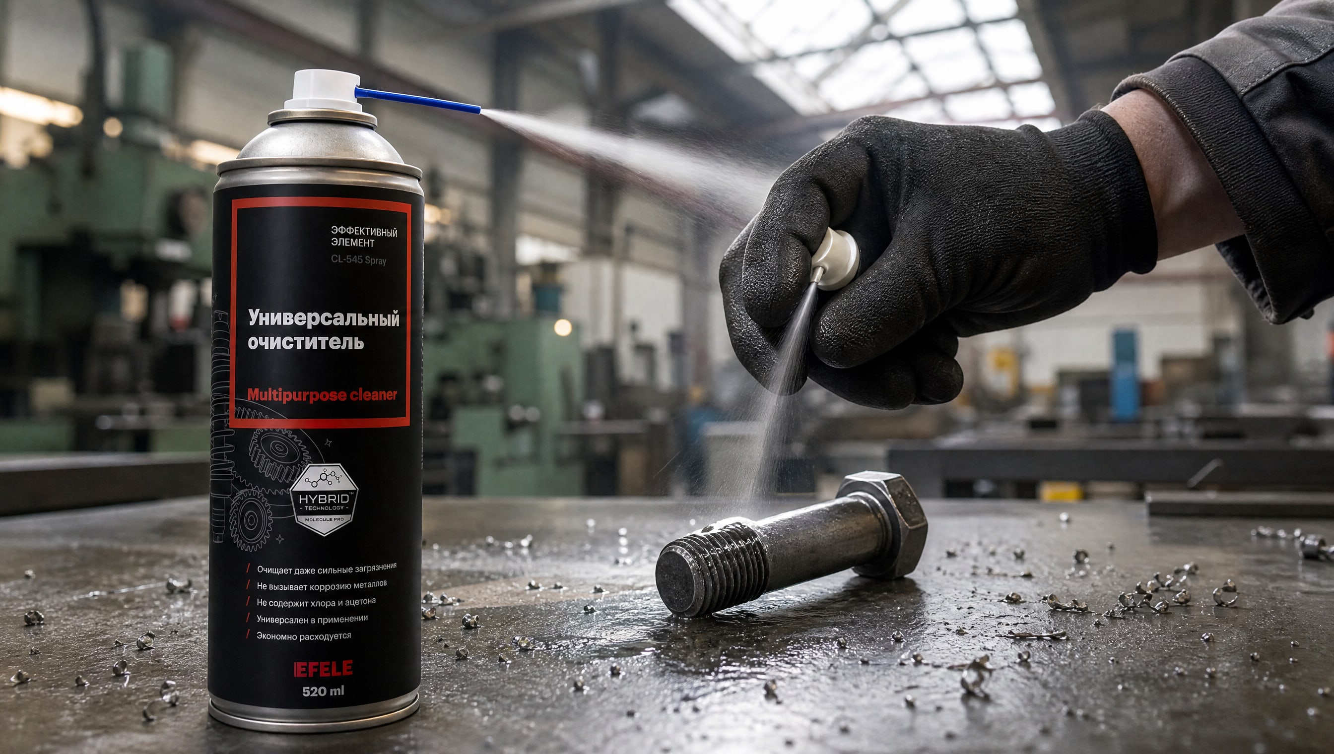 Рука в перчатке наносит EFELE CL-545 Spray на болты перед покрытием.