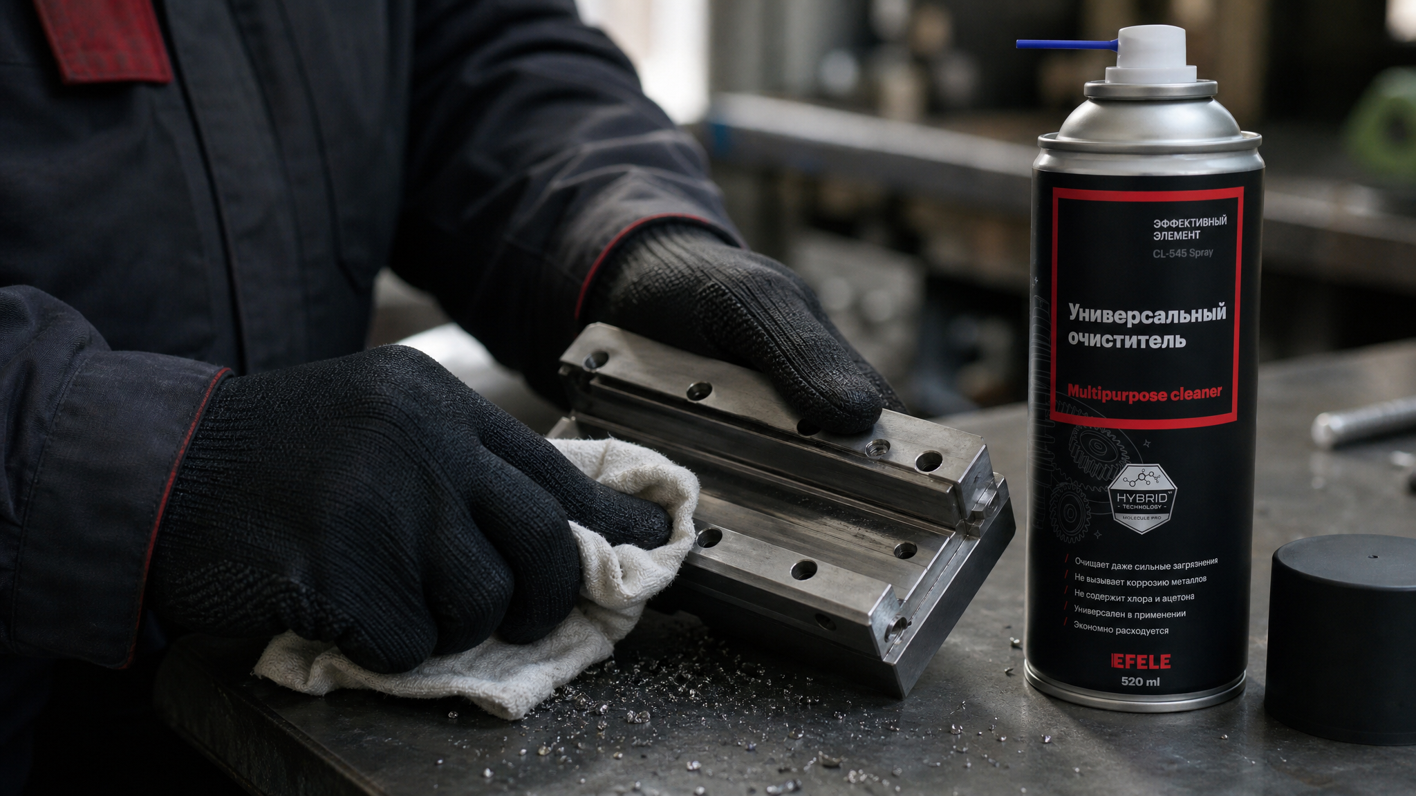 Рука наносит EFELE CL-545 Spray на деталь для очистки поверхности.