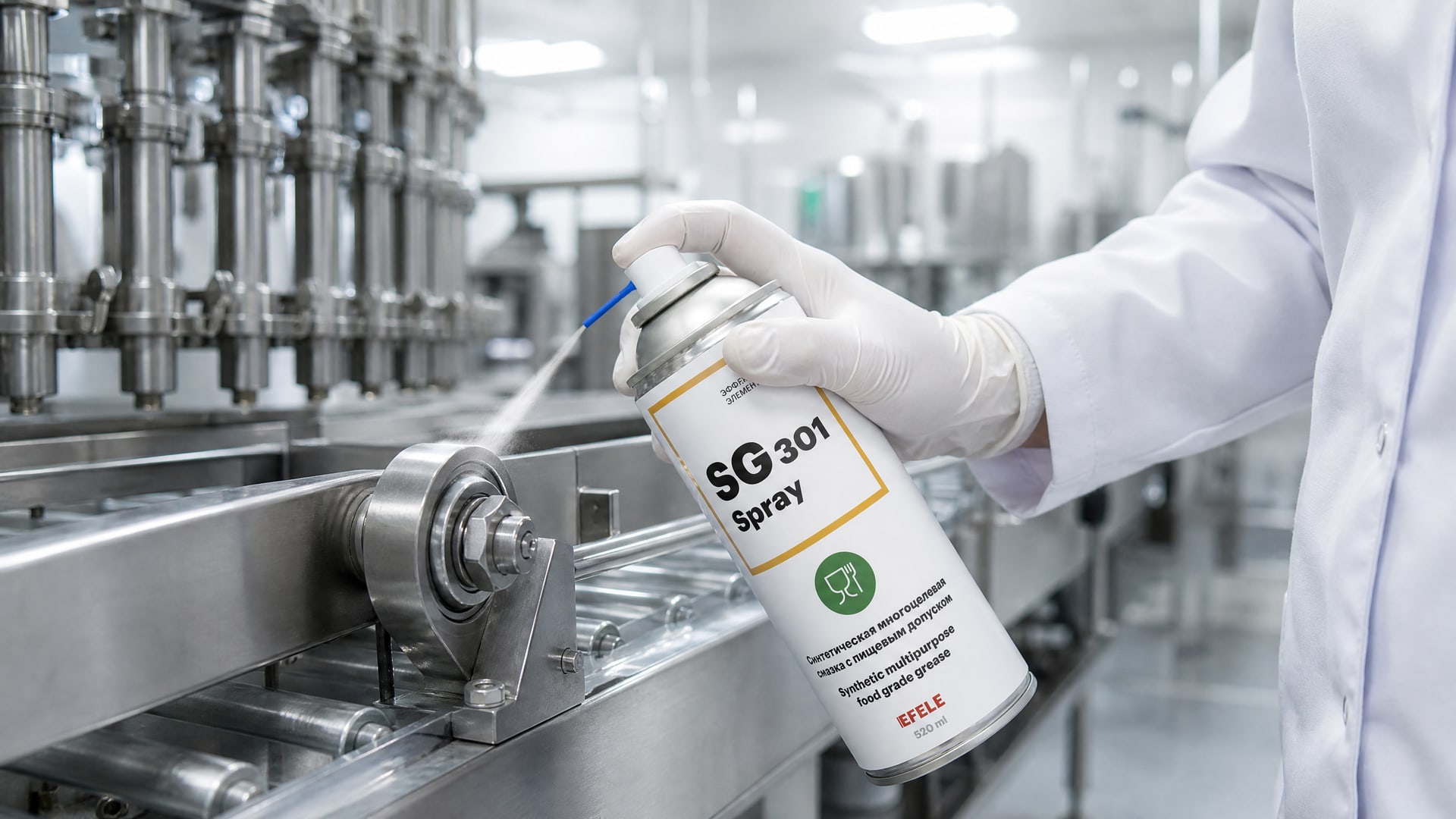 Рука наносит смазку EFELE SG-301 Spray (NSF H1) на упаковку.