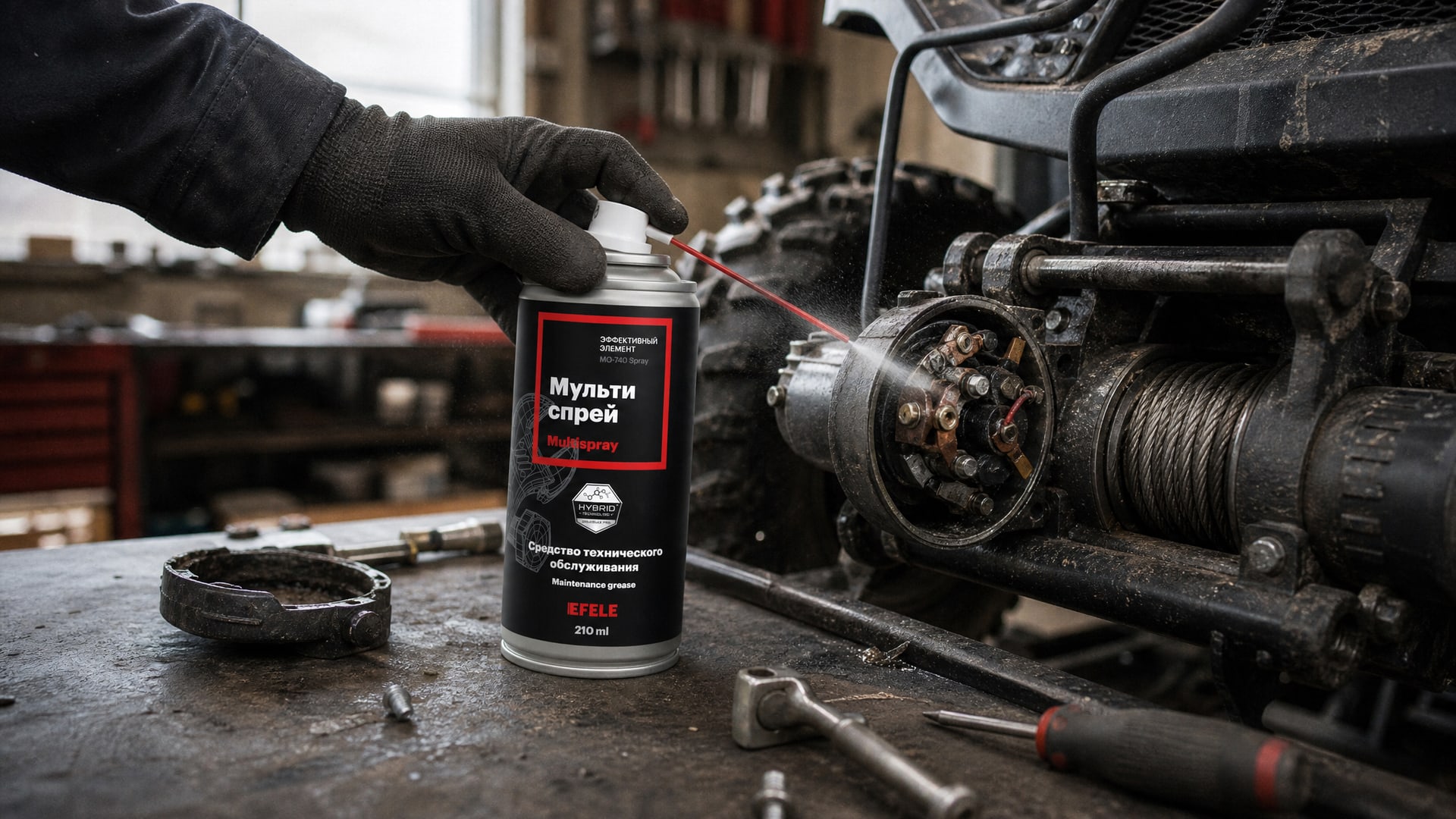 Рука в перчатке наносит EFELE MO-740 Spray, чтобы смазать трос лебедки.