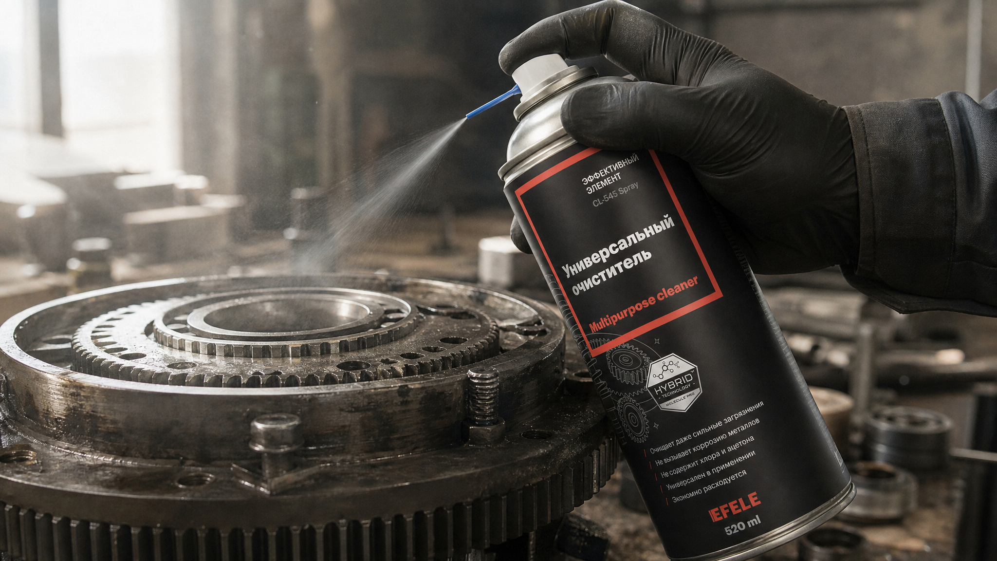 Рука в перчатке распыляет EFELE CL-545 Spray для подготовки поверхности перед смазкой.