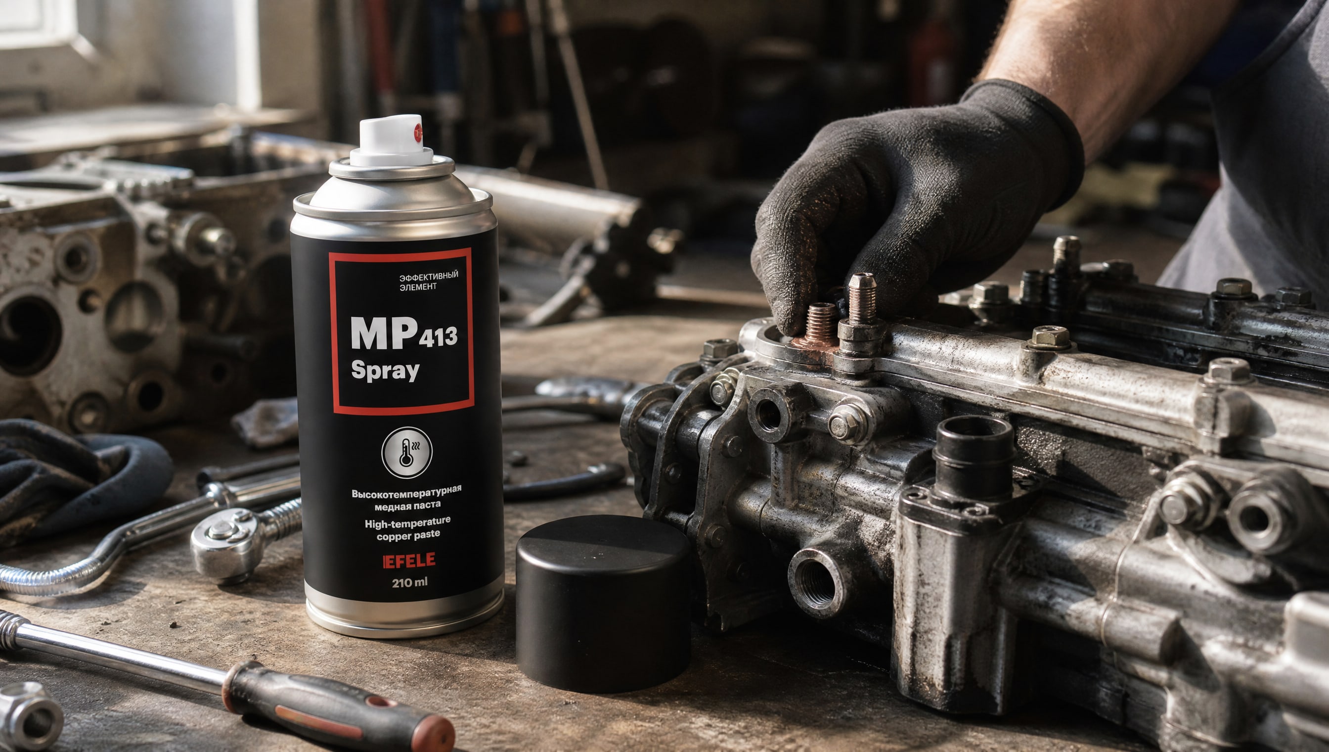 Рука наносит медную пасту EFELE MP-413 Spray для защиты резьбы.