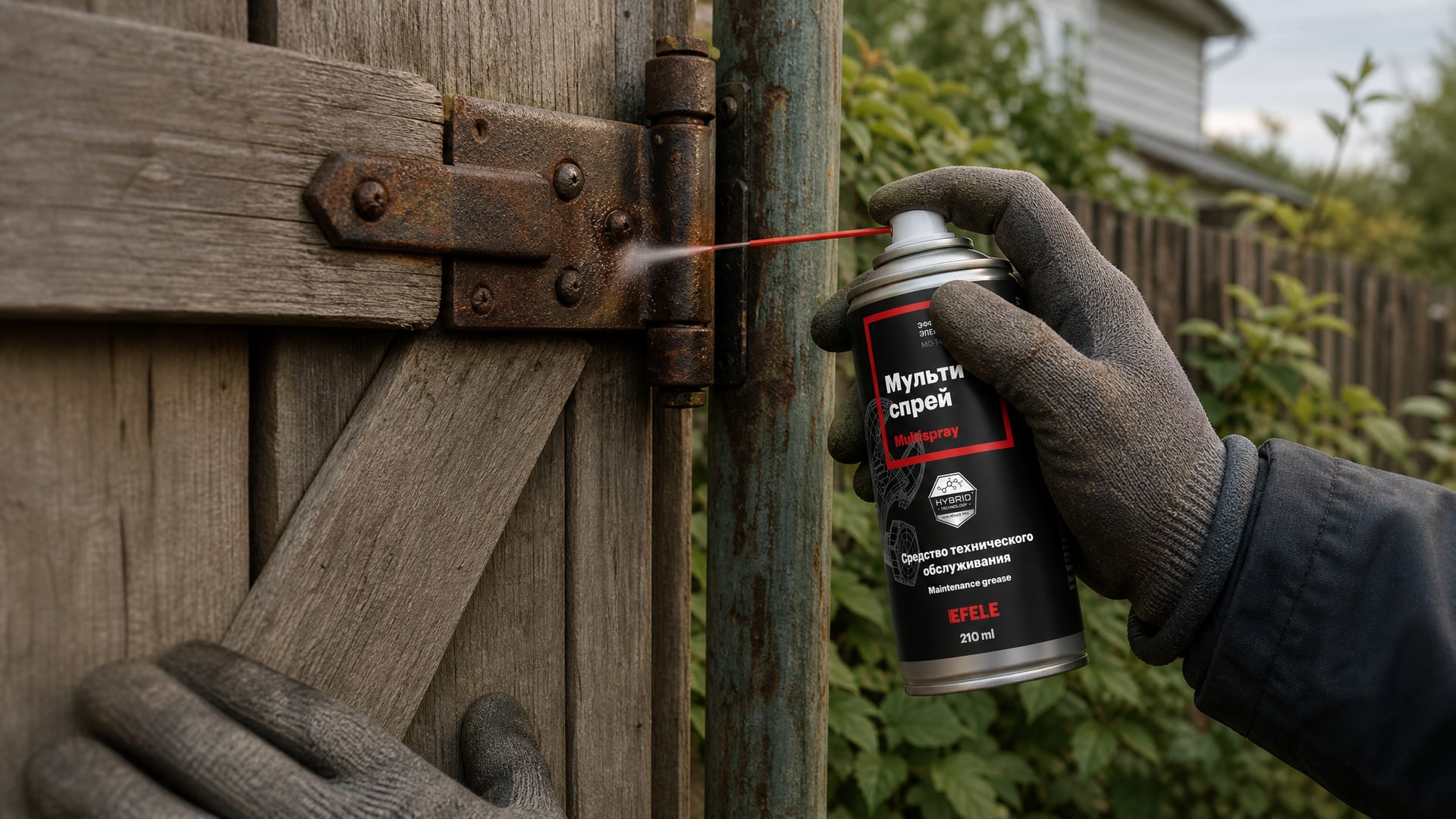 Рука наносит EFELE MO-740 Spray на петли калитки.