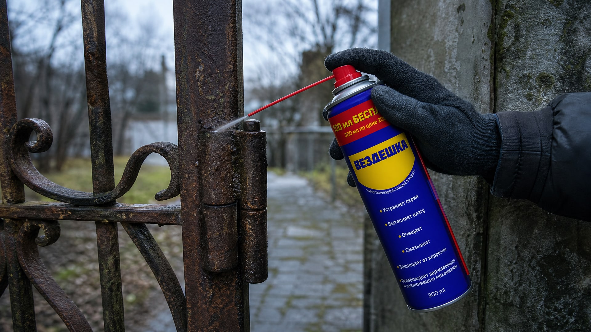 Рука в перчатке наносит универсальную смазку вд-40 на петли калитки.
