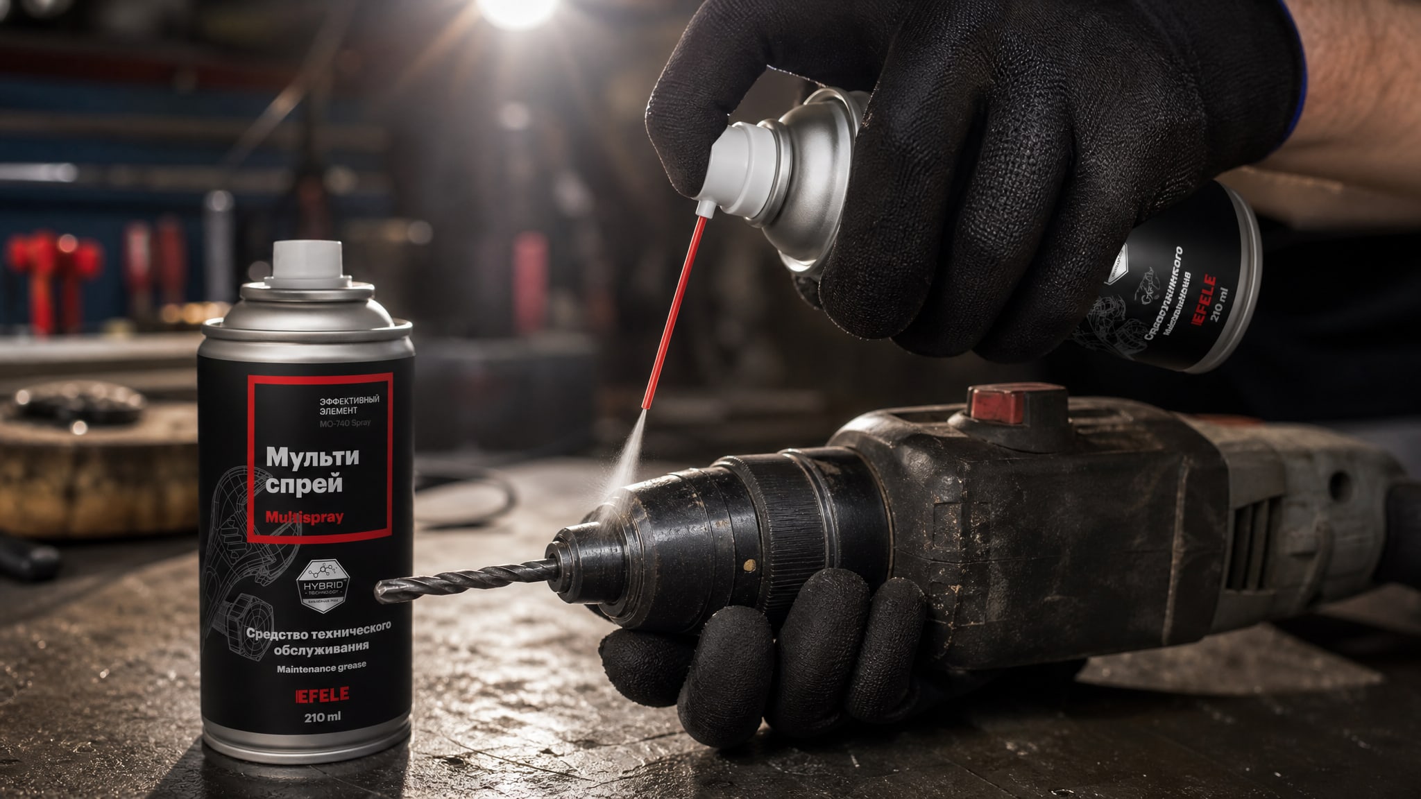 Рука в перчатке наносит мультиспрей EFELE MO-740 Spray для защиты электроинструмента.