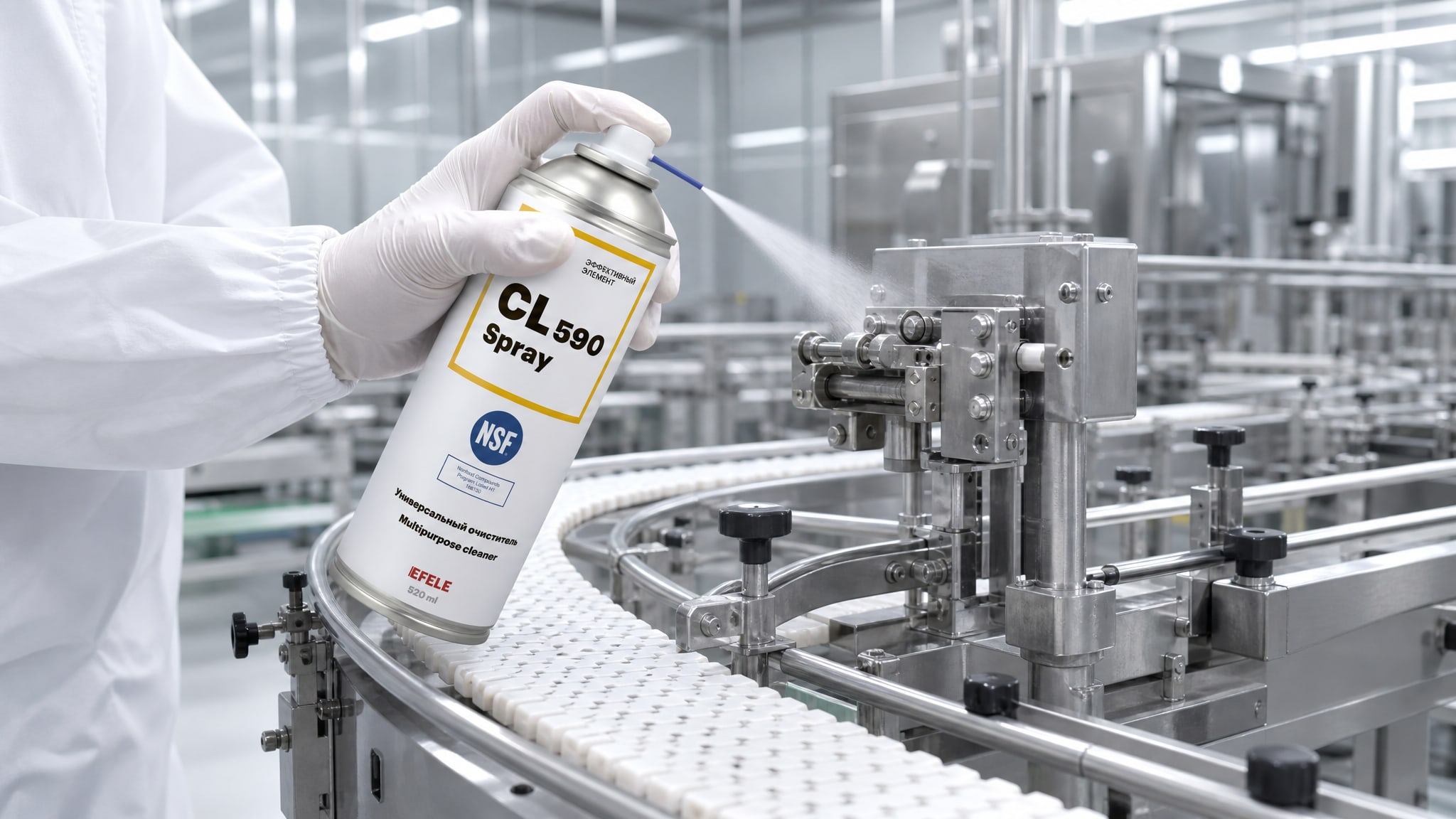 Рука в перчатке наносит EFELE CL-590 Spray (универсальный, пищевой NSF H1) на механизм.