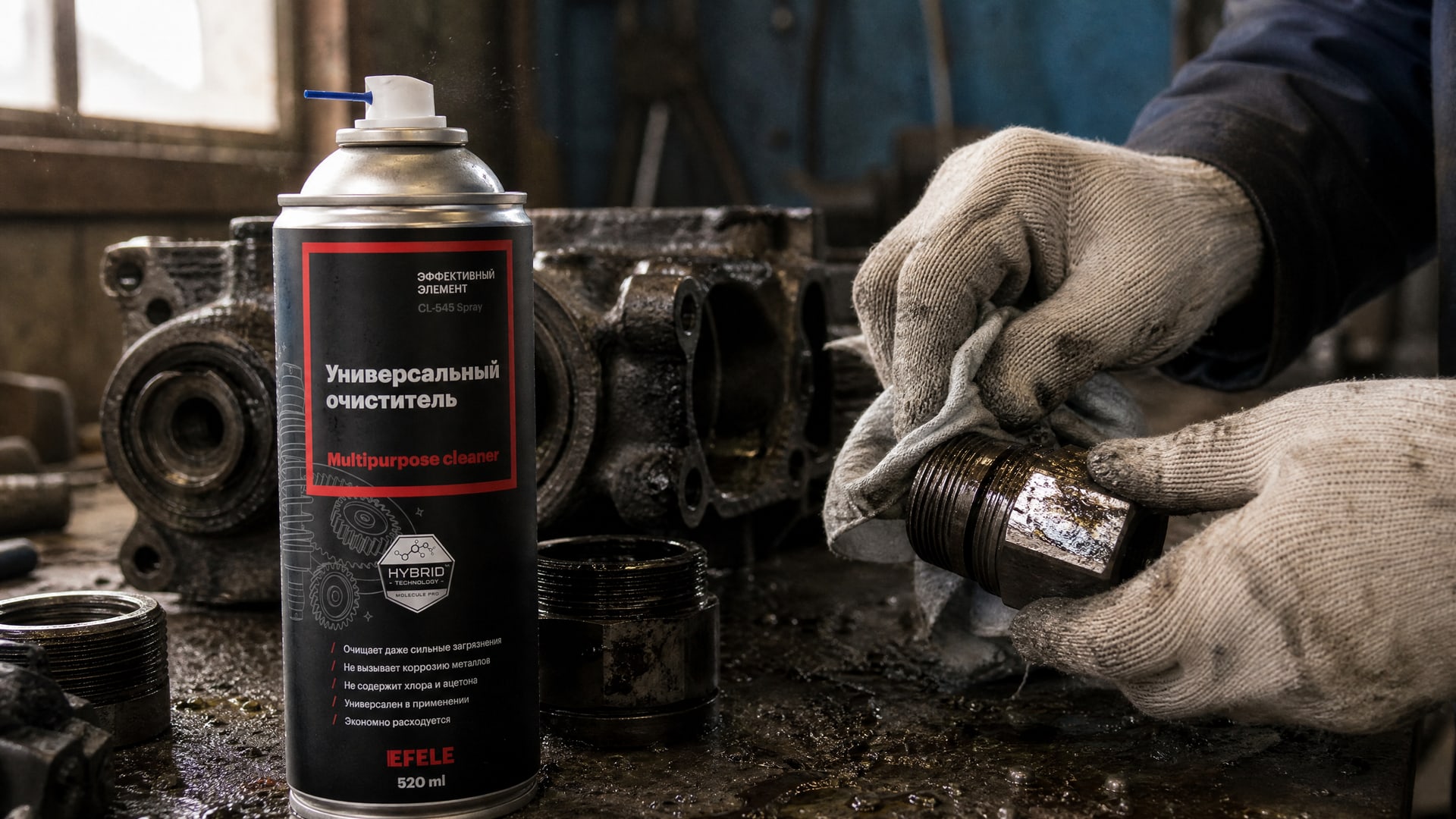 Рука в перчатке наносит EFELE CL-545 Spray для очистки резьбы после анаэробного фиксатора.