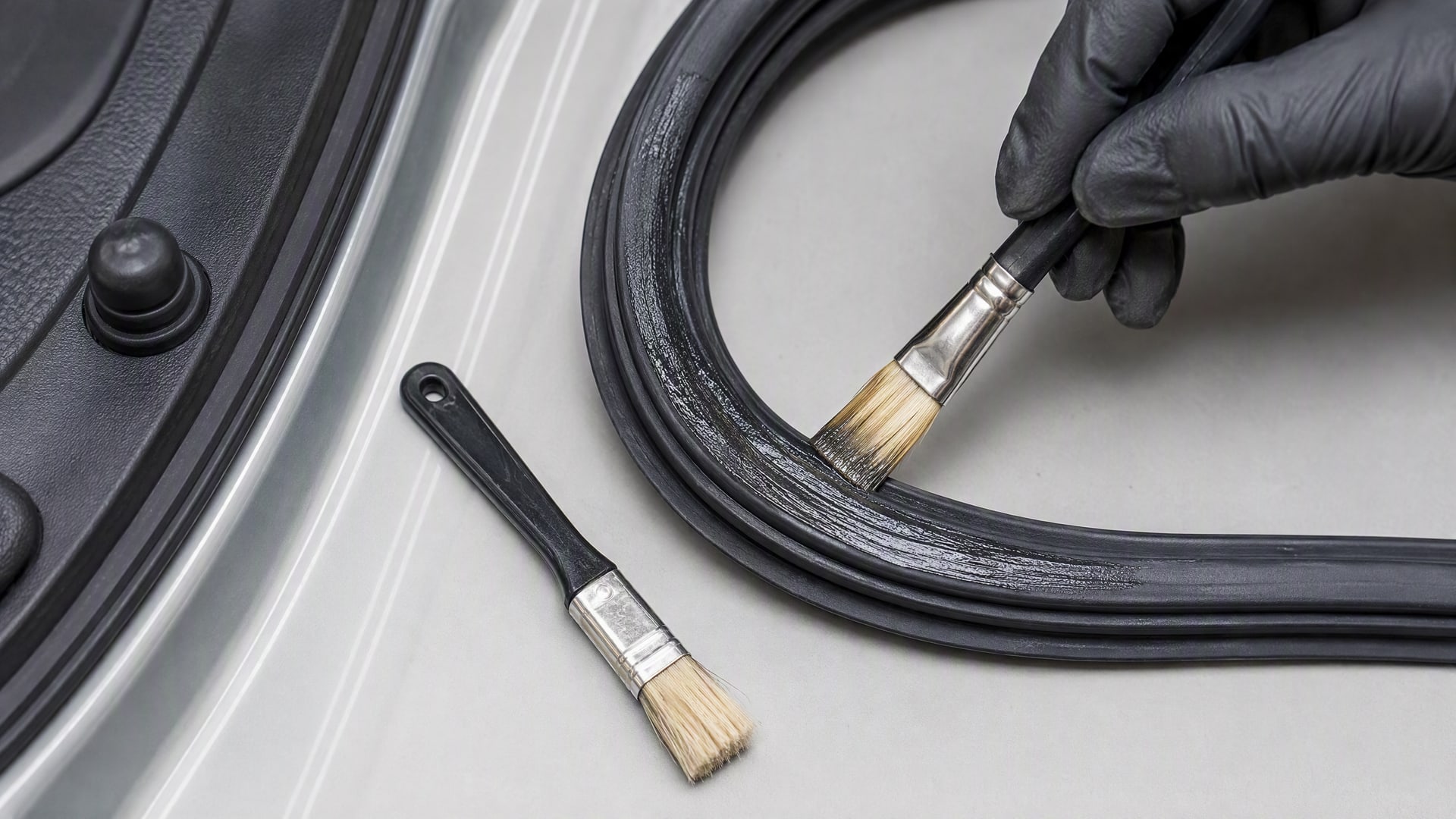 На уплотнителе автомобиля аккуратно наносят тонкий слой wd-40 кисточкой.
