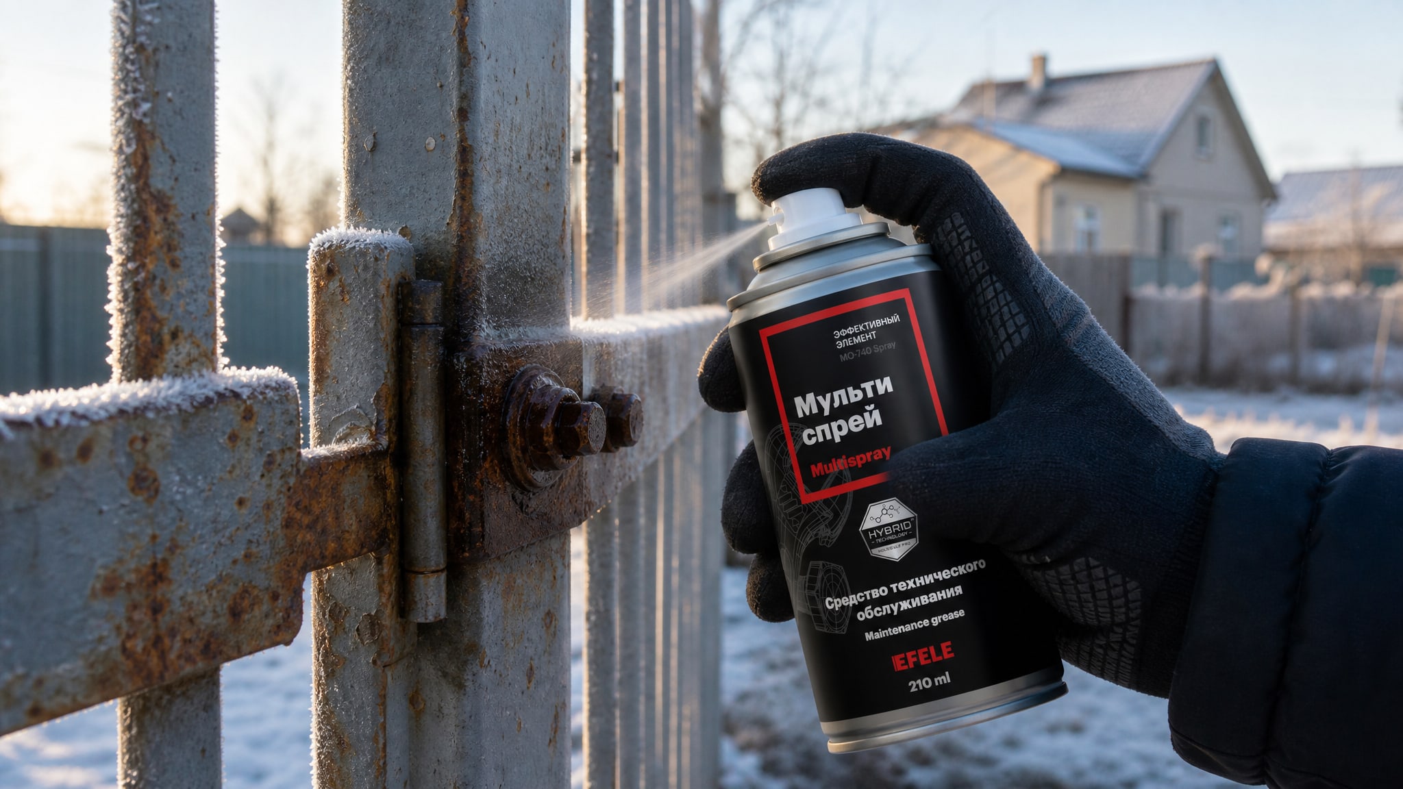 Рука наносит мультиспрей EFELE MO-740 Spray, смазка в быту.