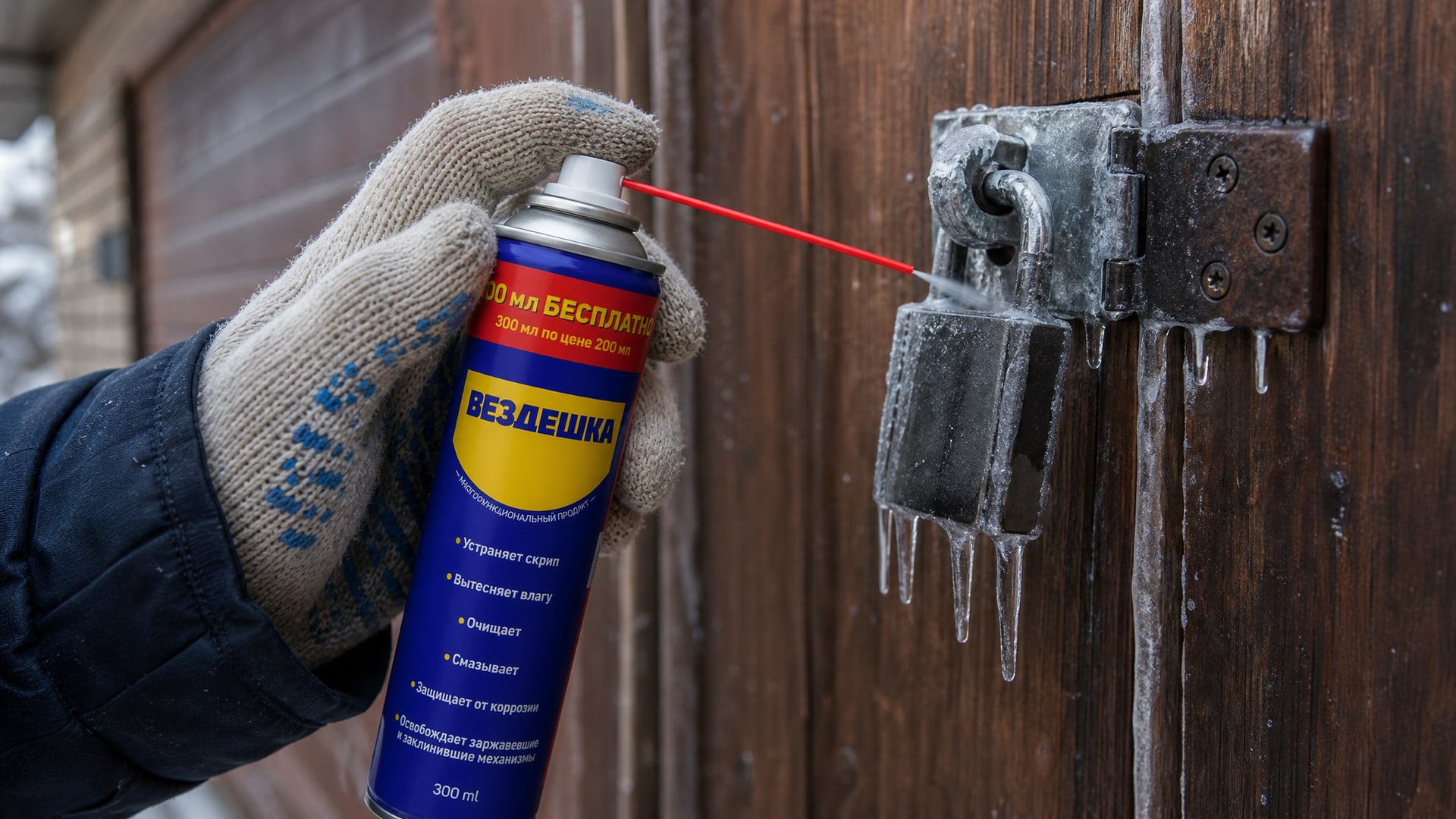 Рука в перчатке наносит универсальную смазку wd-40 на замок.